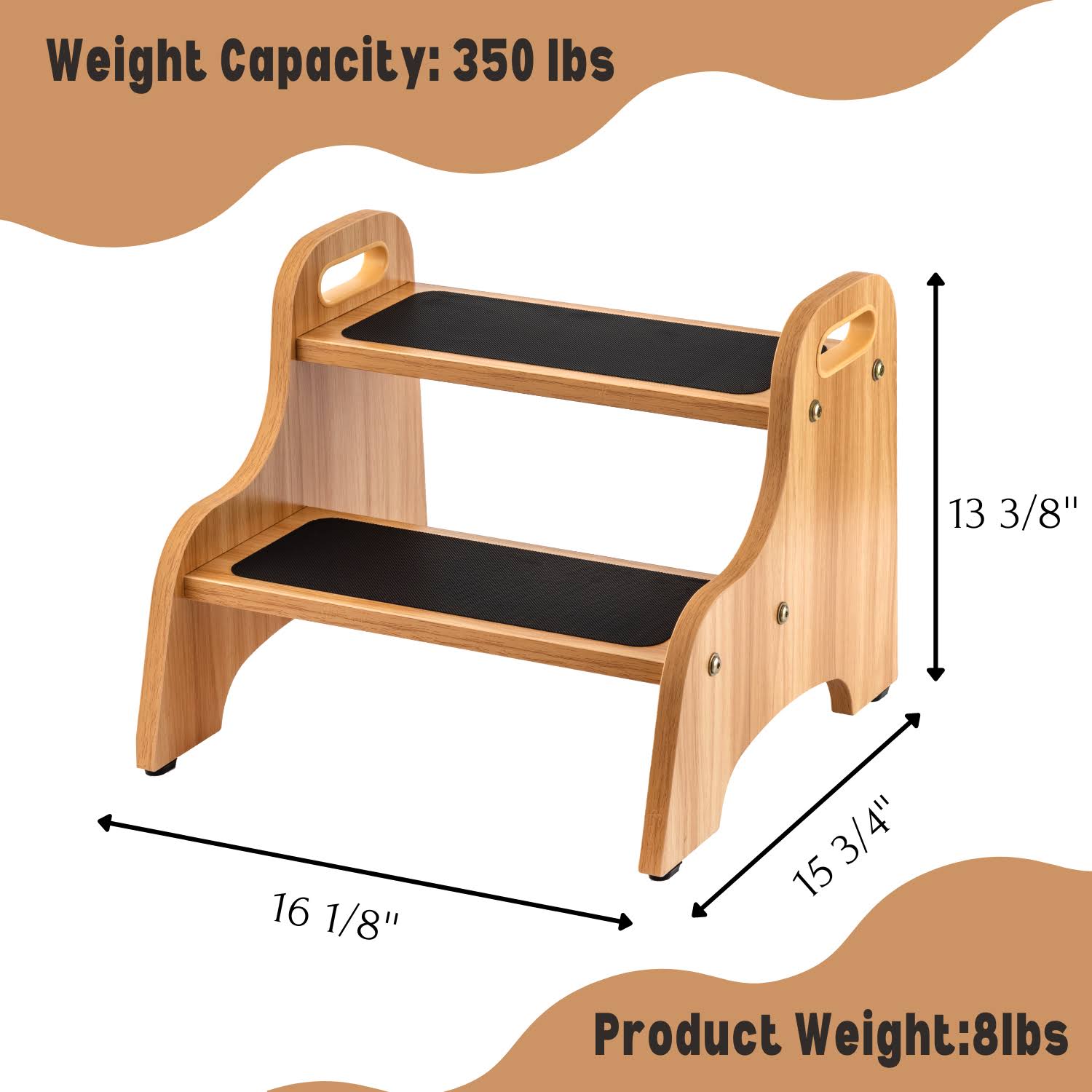StrongTek Wood 2 Step Stool with Non-Slip Stepping Surface and Portable Handles, Multipurpose Heavy-Duty Support (300 lbs Capacity)