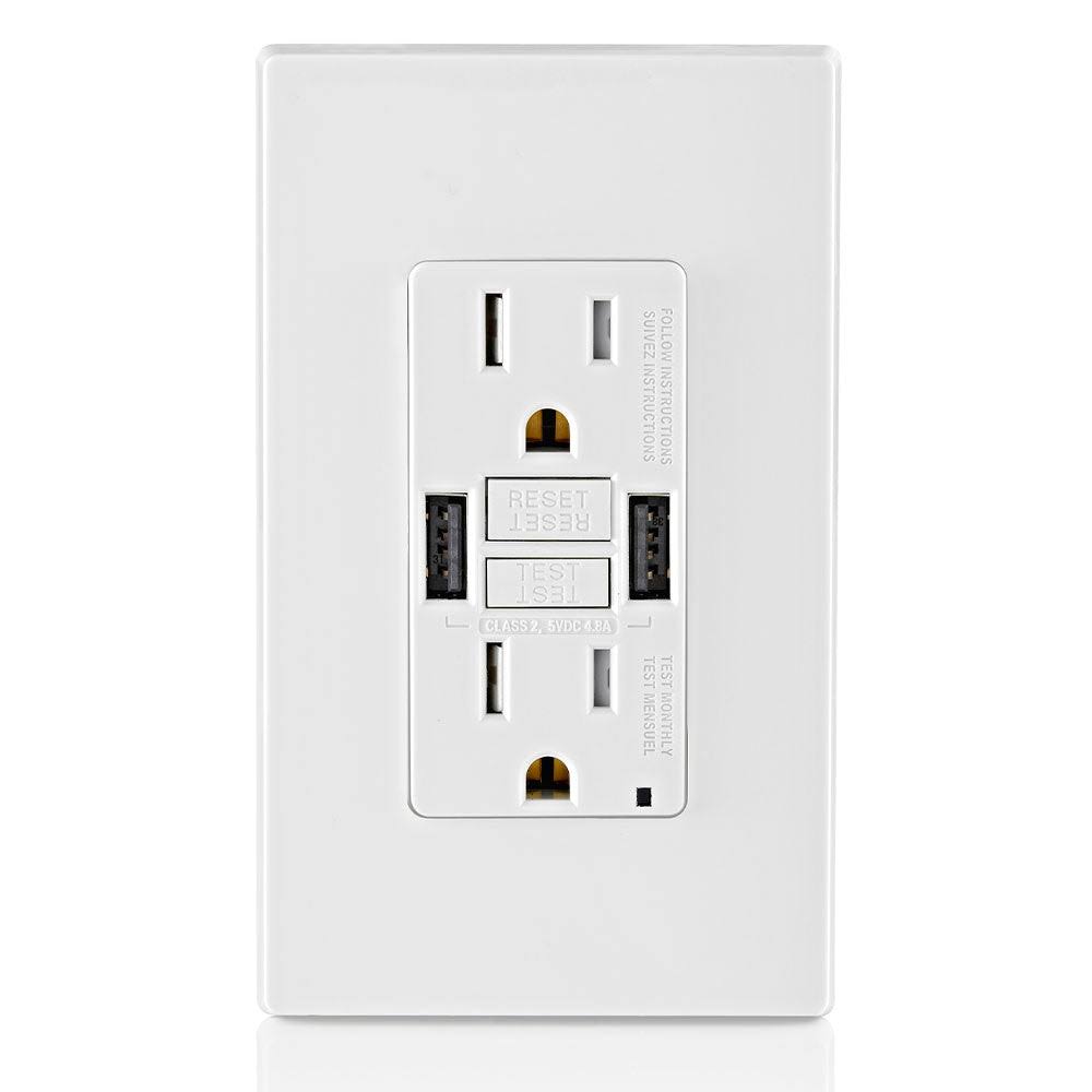 Leviton 15 Amp SmartLock Pro Self-Test GFCI Combination 24-Watt (4.8 Amp) Type A USB In-Wall Charger Duplex Outlet, White