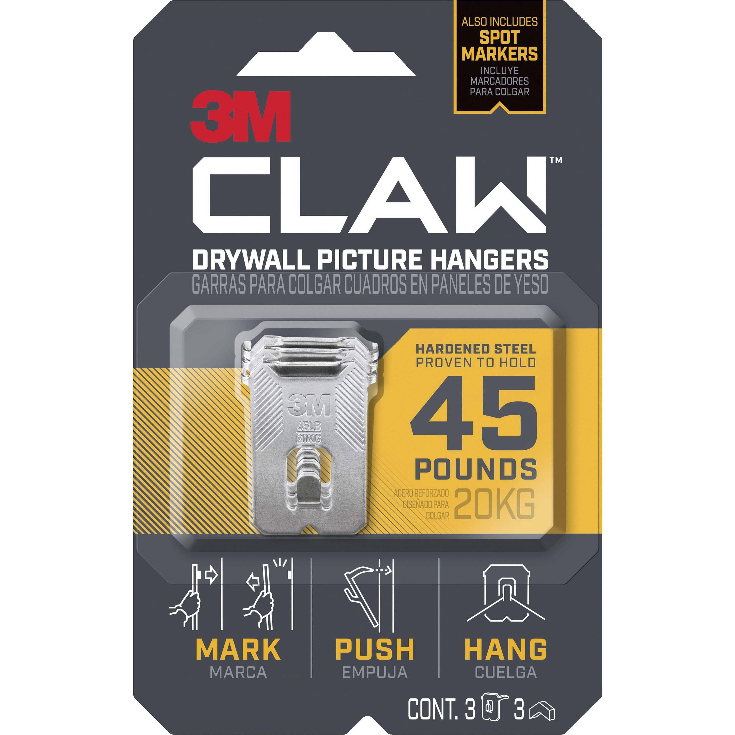 3M Claw Drywall Picture Hanger 45lb 3 Hooks 3 Spot Markers Stainless Steel
