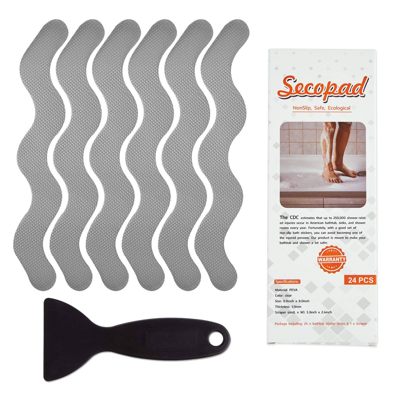 Secopad Patented Anti Slip Shower Stickers 24 Pcs Safety Bathtub Strips Adhesive Decals with Premium Scraper for Bath Tub Shower Stairs Ladders