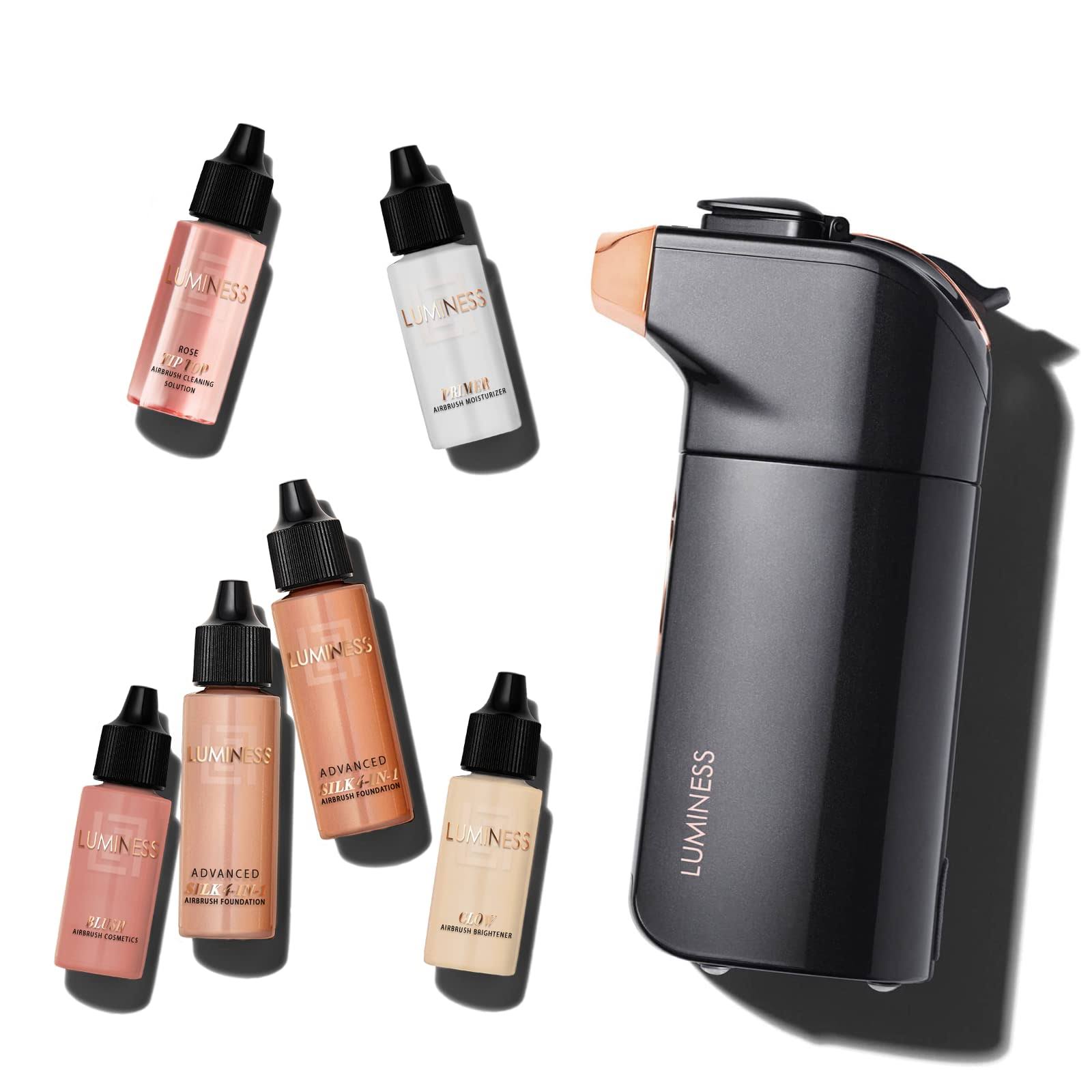 Luminess Breeze Duo Airbrush Makeup System, Warm Coverage- 9-Piece Kit Includes 2x Silk Airbrush Foundation, Soft Rose Blush, Glow Highlighter, Moist