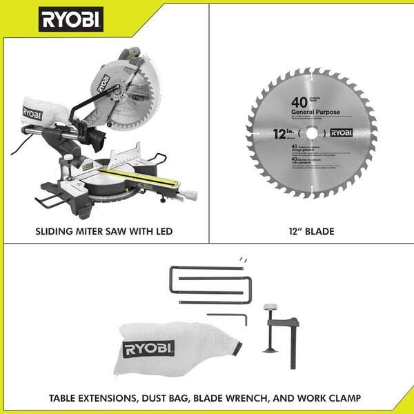 Ryobi 15 Amp 12 in. Corded Sliding Compound Miter Saw with LED Cutline Indicator with Universal Miter Saw QuickStand