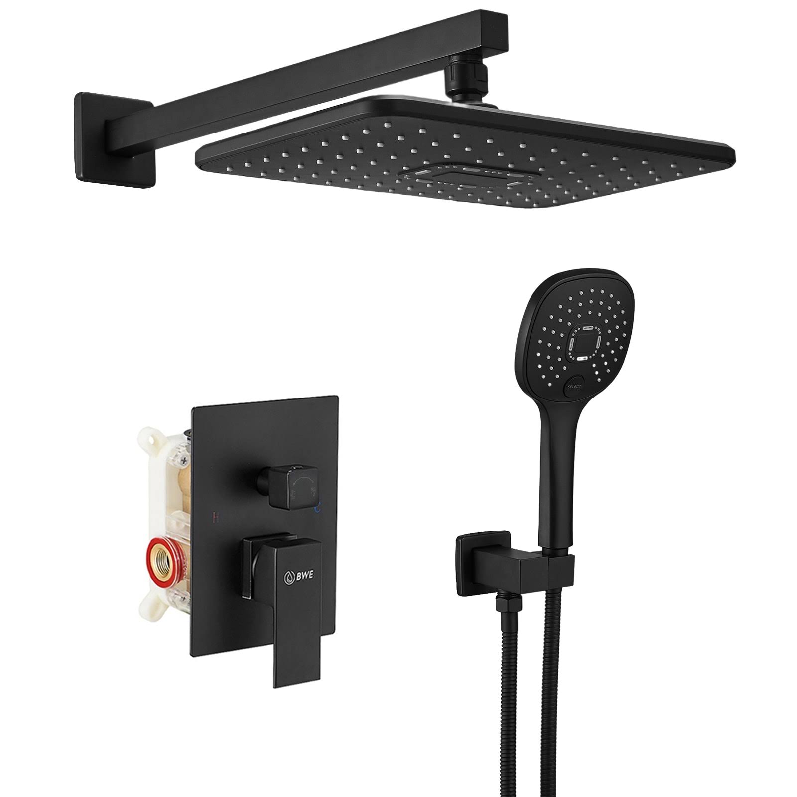 BWE Single-Handle 2-Spray of Rain Shower Head System Shower Faucet and Handheld Shower Kit in Matte Black (Valve Included)