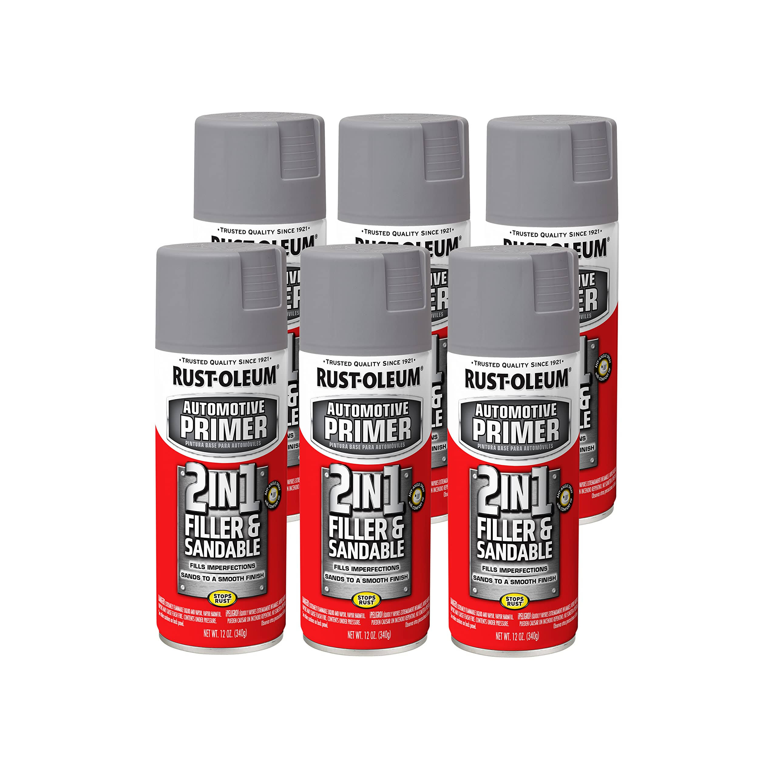Rust-Oleum 260510-6PK Automotive 2-in-1 Filler & Sandable Primer Spray, 12 oz, Gray, 6 Pack