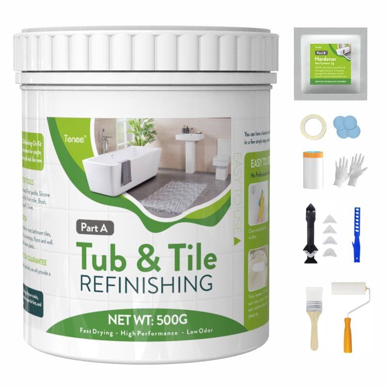 Tenee Tub and Tile Refinishing Kit, Bathtub Refinishing Kit White with Tools, Tub and Tile Reglazing, Water Based & Odorless Tub Coating, DIY Tile