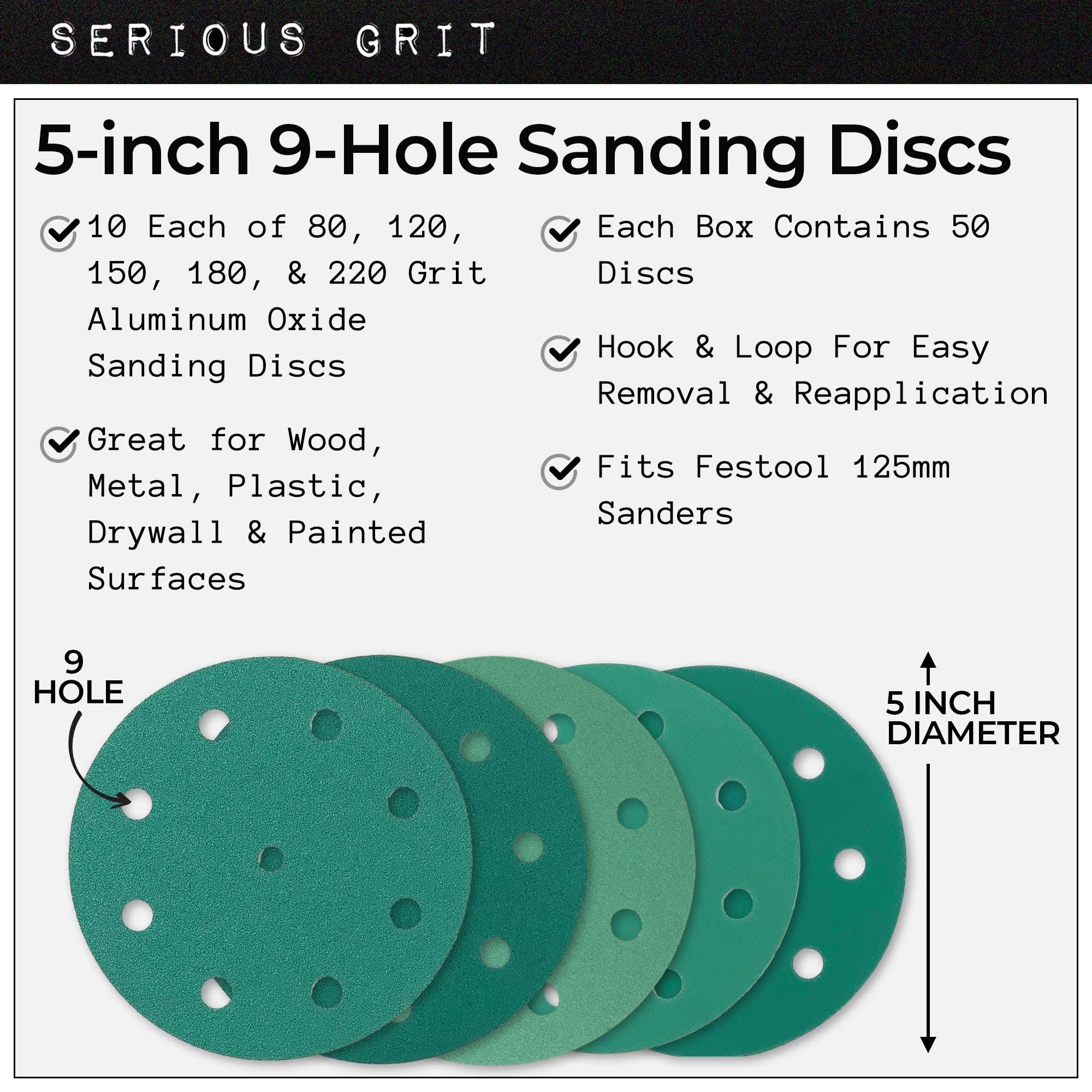 Serious Grit 5-Inch 9-Hole, 80, 120, 150, 180, 220 Assorted Grit Sanding Discs- Premium Hook and Loop Heavy Duty Sandpaper A
