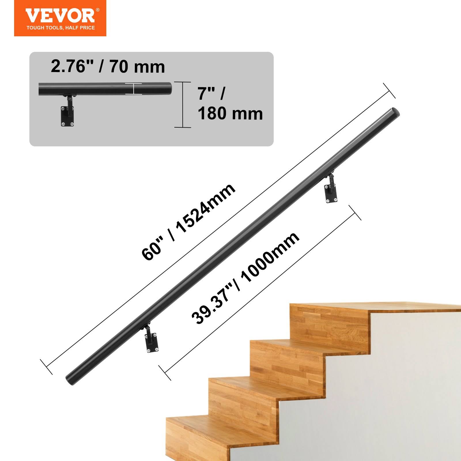 VEVOR Handrail Stair Railing 7 in. H x 60 in. W Wall Mount Handrails for Outdoor Stairs Black Aluminum Alloy Stair Railing Kit
