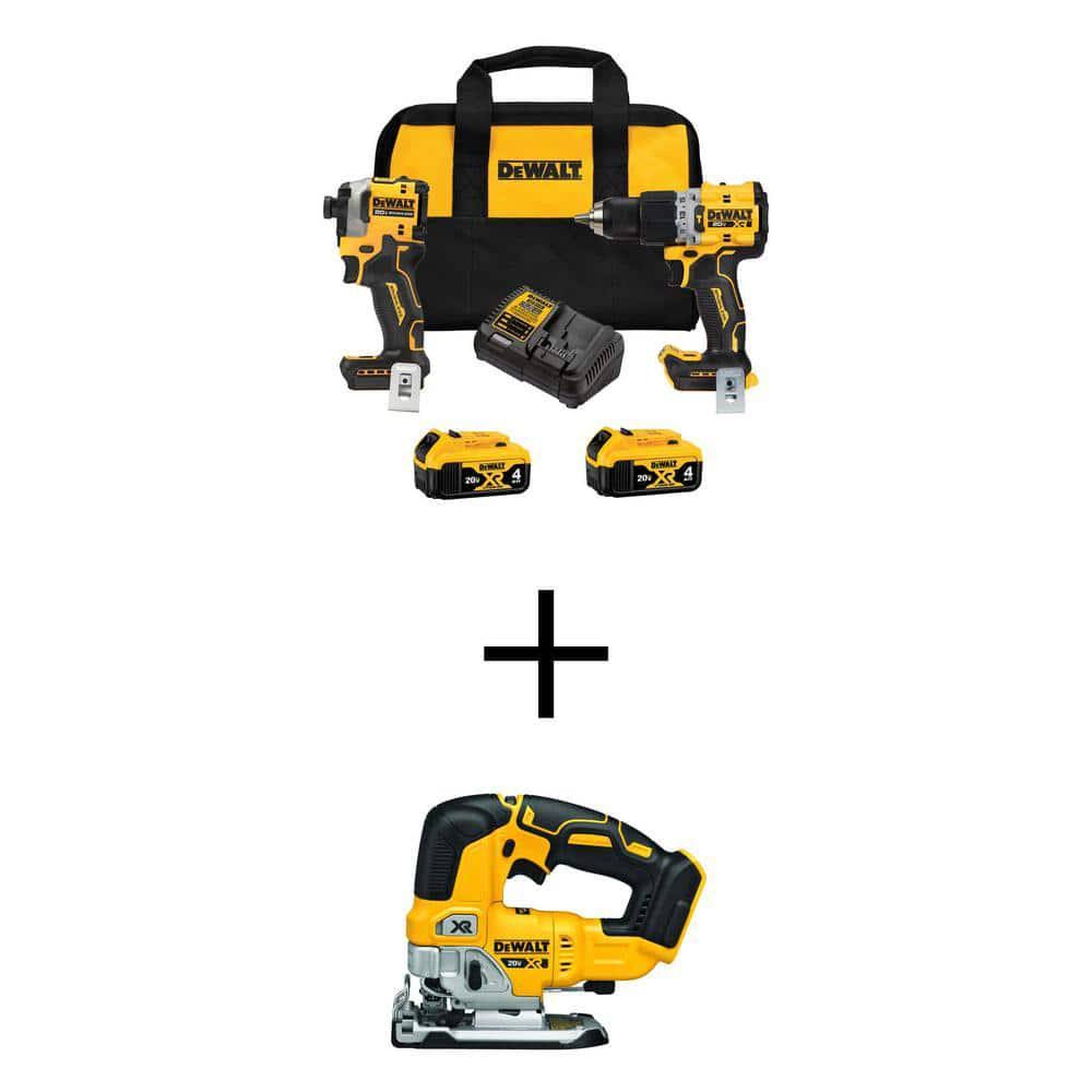DeWalt 20V Max XR Hammer Drill and Atomic Impact Driver 2 Tool Cordless Combo Kit and Jigsaw W/(2 4Ah Batteries Charger and Bag