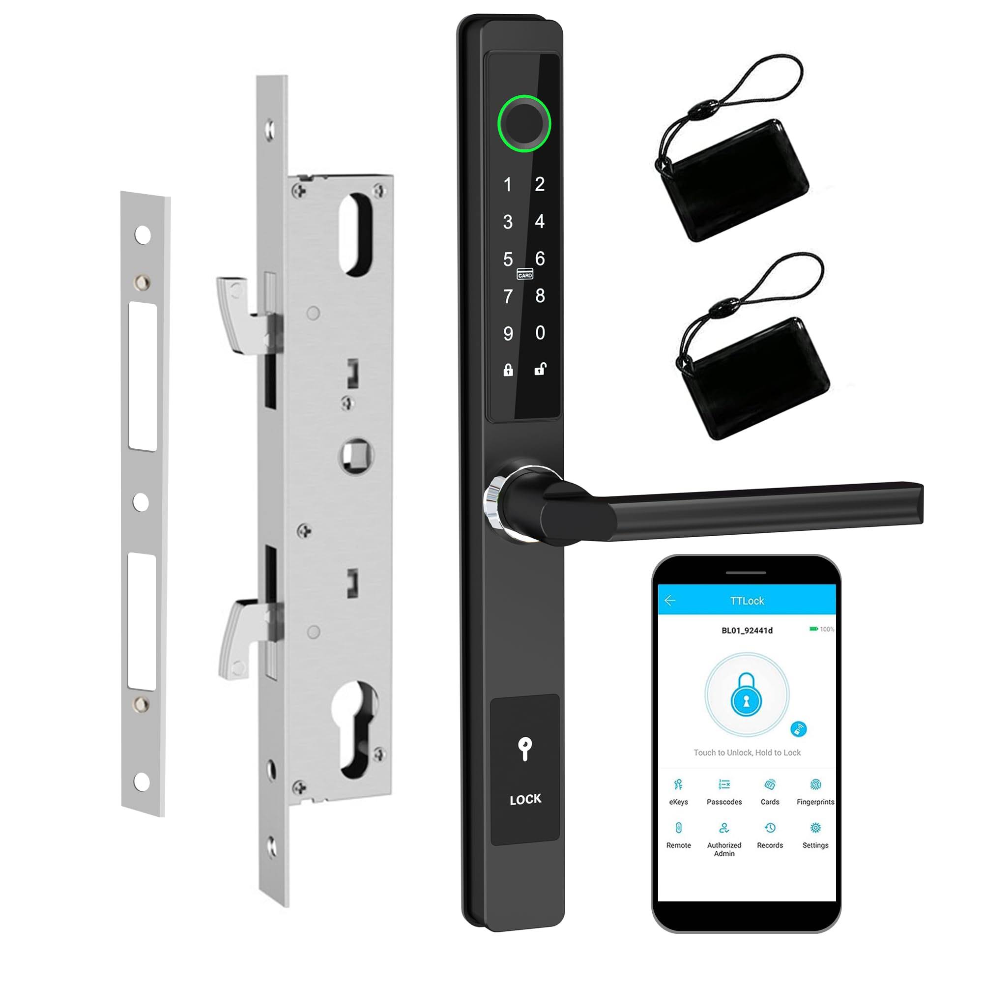 Jacchozhi Slim Smart Lock for Sliding Glass Door, Waterproof Keyless Smart Mortise Lock with Hook,WiFi Bluetooth Digital Keypad Aluminum Fingerprint