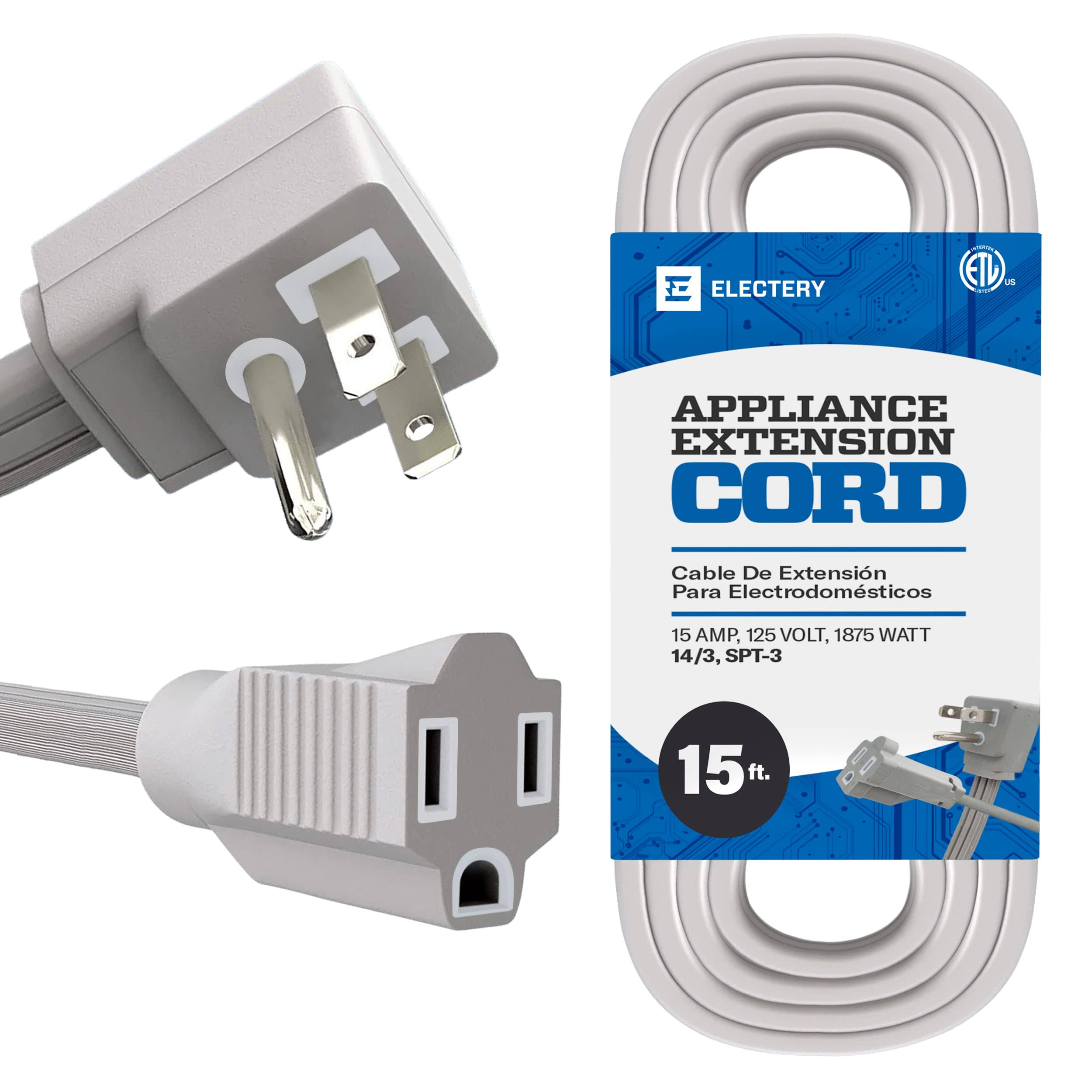 ELECTERY Heavy Duty Appliance Extension Cord, 14 AWG- 3 Prong Grounded Flat Plug, Gray Power Wire for Indoor Air Conditioner and All Major