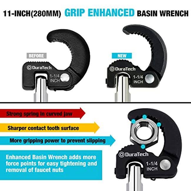 DuraTech 11-inch Basin Wrench, Sink Wrench, Adjustable 3/8'' to 1-1/4'' Capacity Upgrade Jaw, for Tight Space