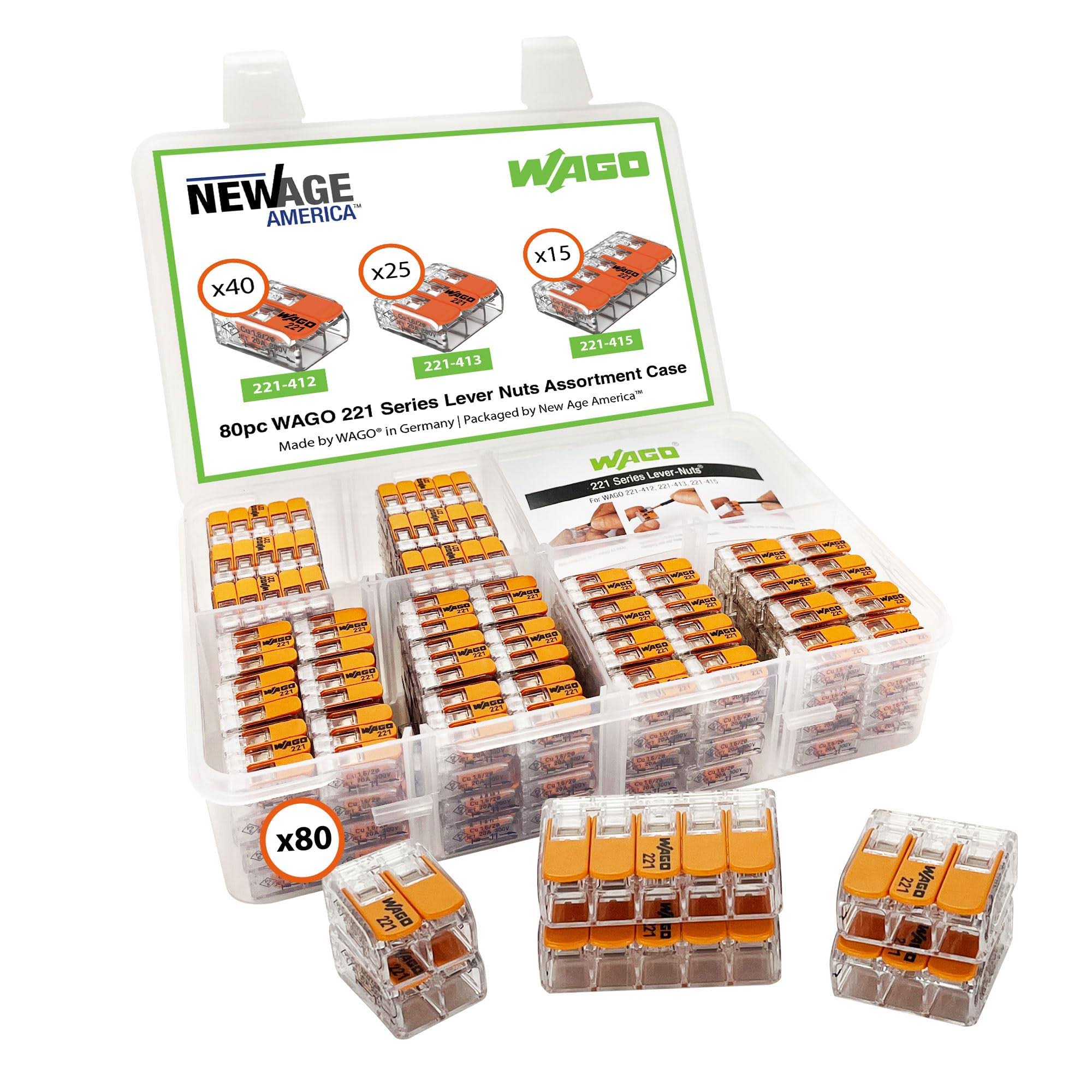 New Age America Wago 221 Series Compact Splicing Wire Connector Assortment Pack 80pc 221 Series Assortment with Case Includes (40x 221-412), (25