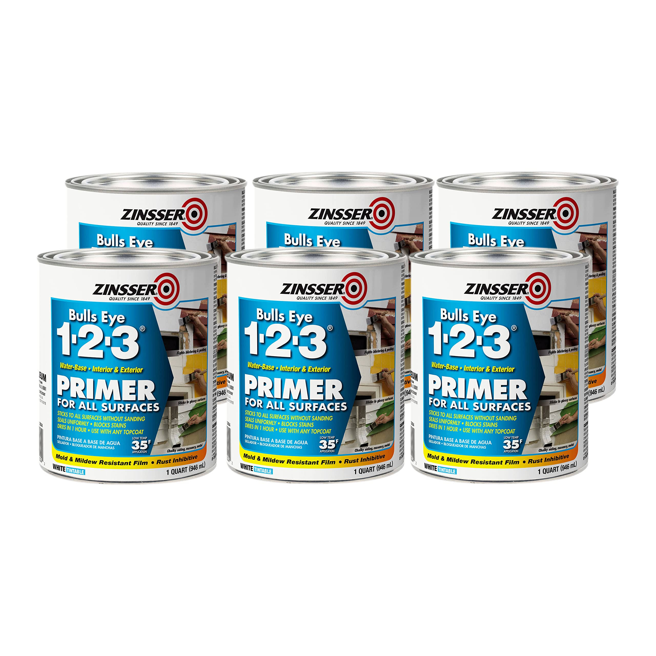 Zinsser Bulls Eye 1-2-3 1 qt. White Water-Based Interior/Exterior Primer and Sealer (6-pack)