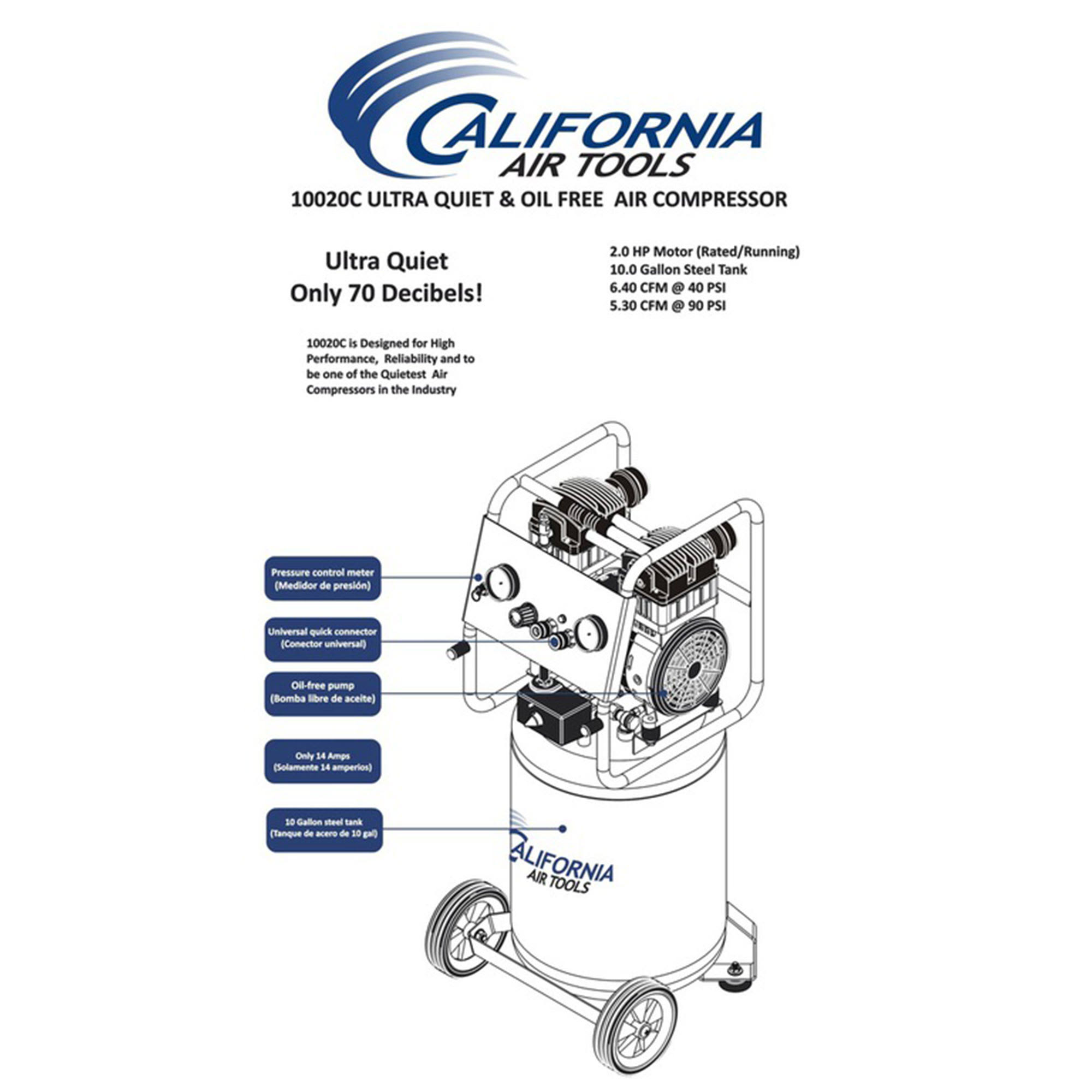 California Air Tools Air Compressor Ultra Quiet Oil-Free 2-HP 10-Gallons Cat-10020c