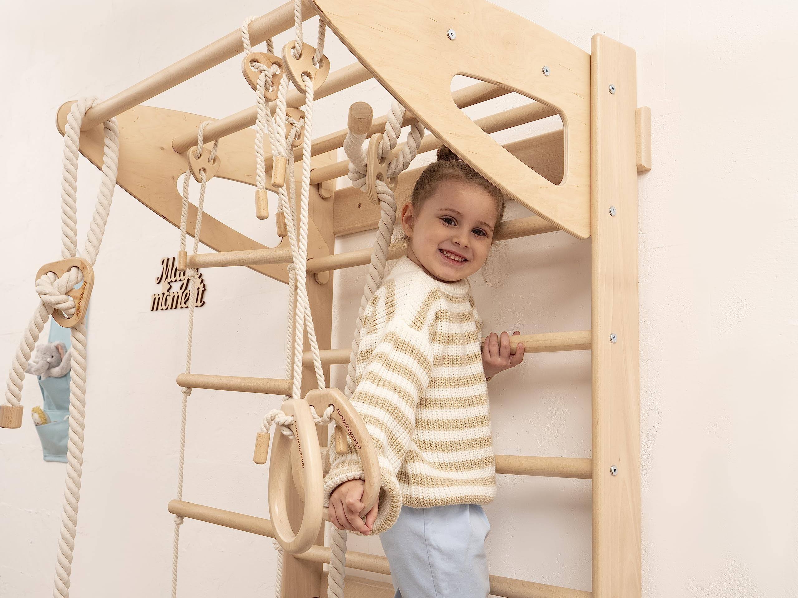 Woodandhearts Baby Mobile Swedish Ladder with Rope Accessories Indoor Swing Monkey Bars Toddler Climbing Rope Ladder Montessori Toddler Climbing Gym