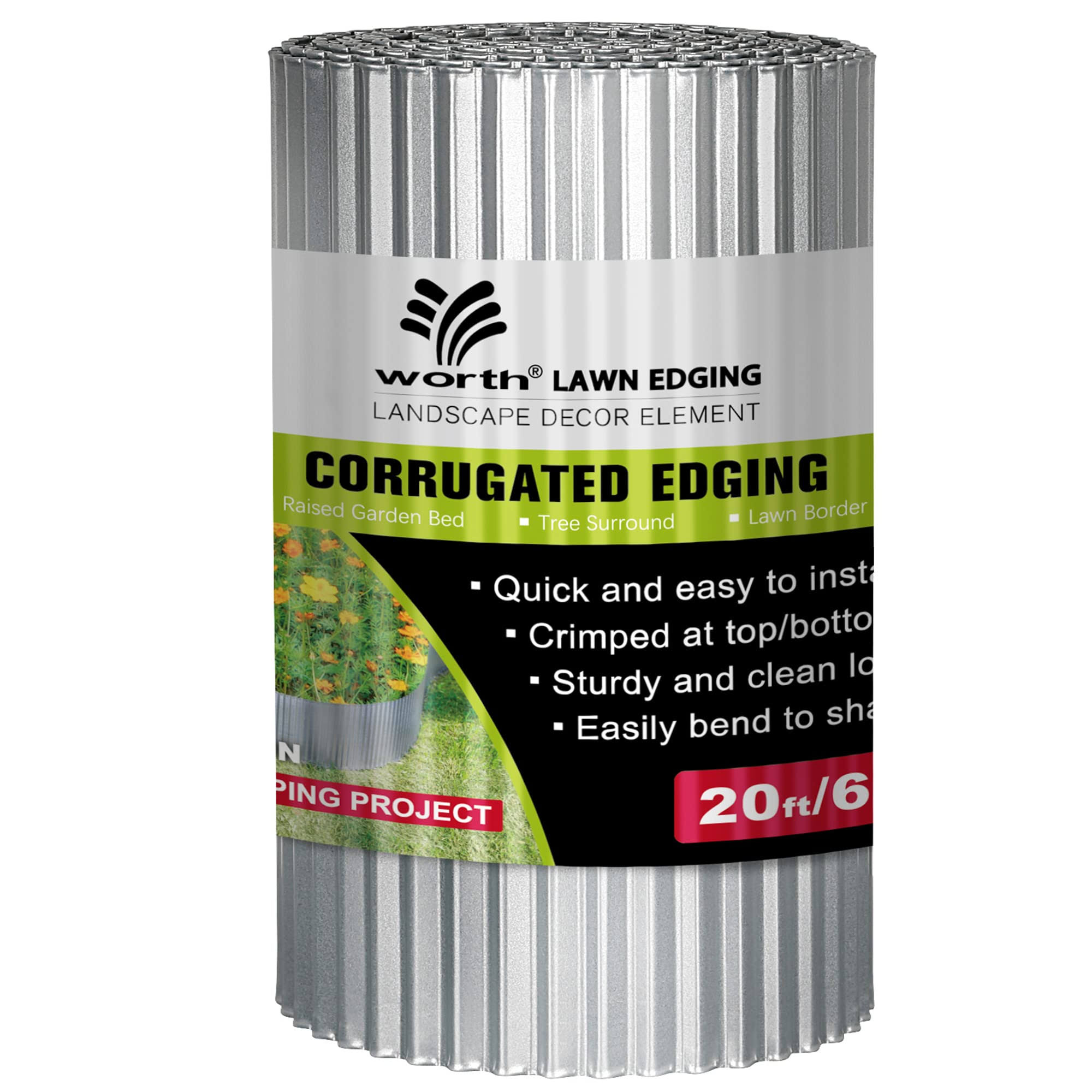 Worth Garden 20 ft. x 10 in. Galvanized Steel Landscape Lawn Corrugated Edging, Silver