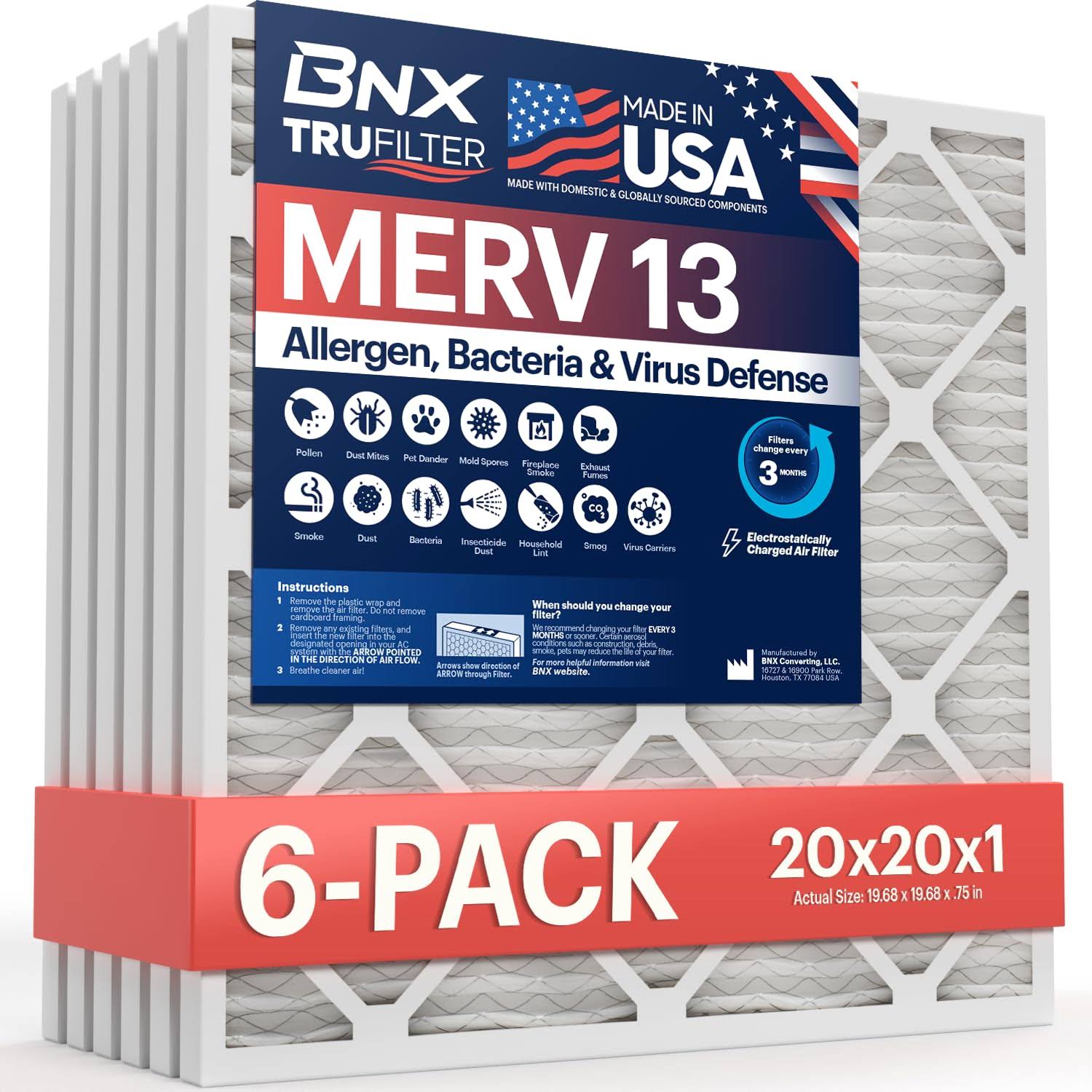 BNX TruFilter 20x20x1 Air Filter MERV 13 (6-pack)- Made in USA- Electrostatic Pleated Air Conditioner HVAC AC Furnace Filters