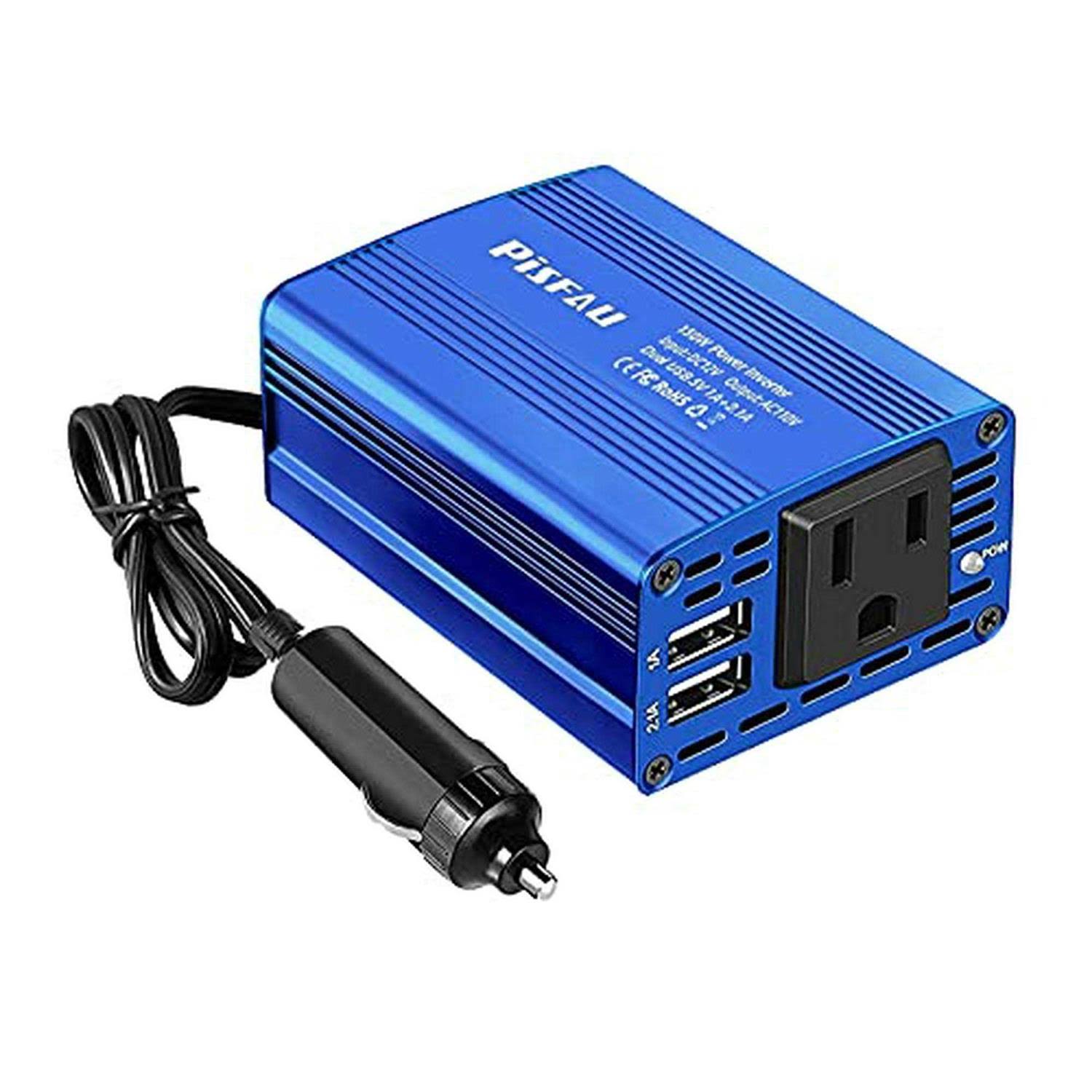 Pisfau, 150W Power Inverter DC 12V to 110V AC Car Outlet Adapter with 2 USB Ports and Car Converter for Plug Outlet
