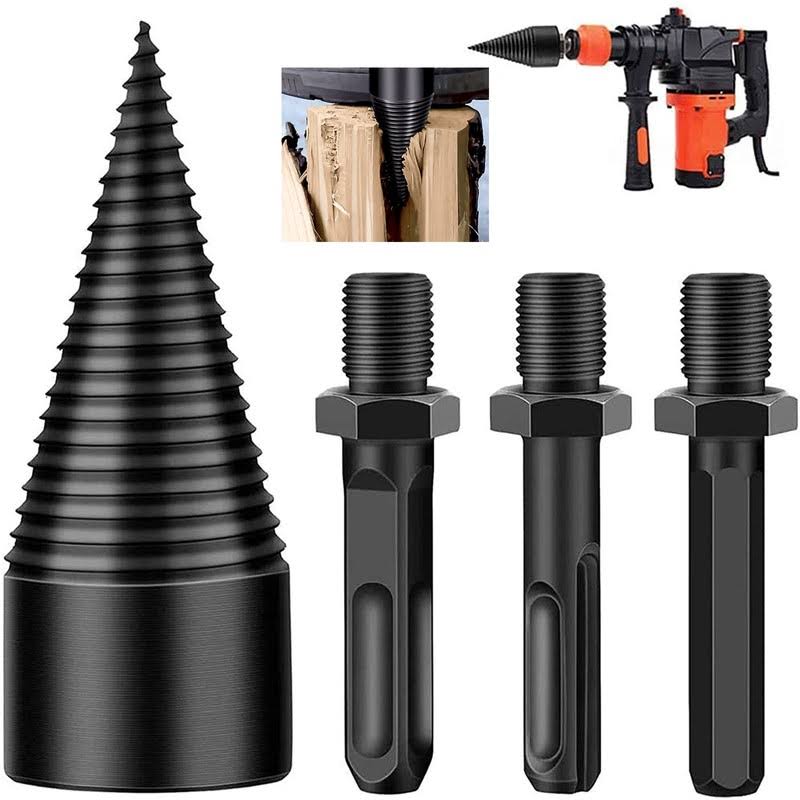 Hengzhe Firewood Log Splitter 3pcs Drill Bit Removable Cones Kindling Wood Splitting Logs Bits Heavy Duty Electric Drills Screw Cone Driver Hex + Squa