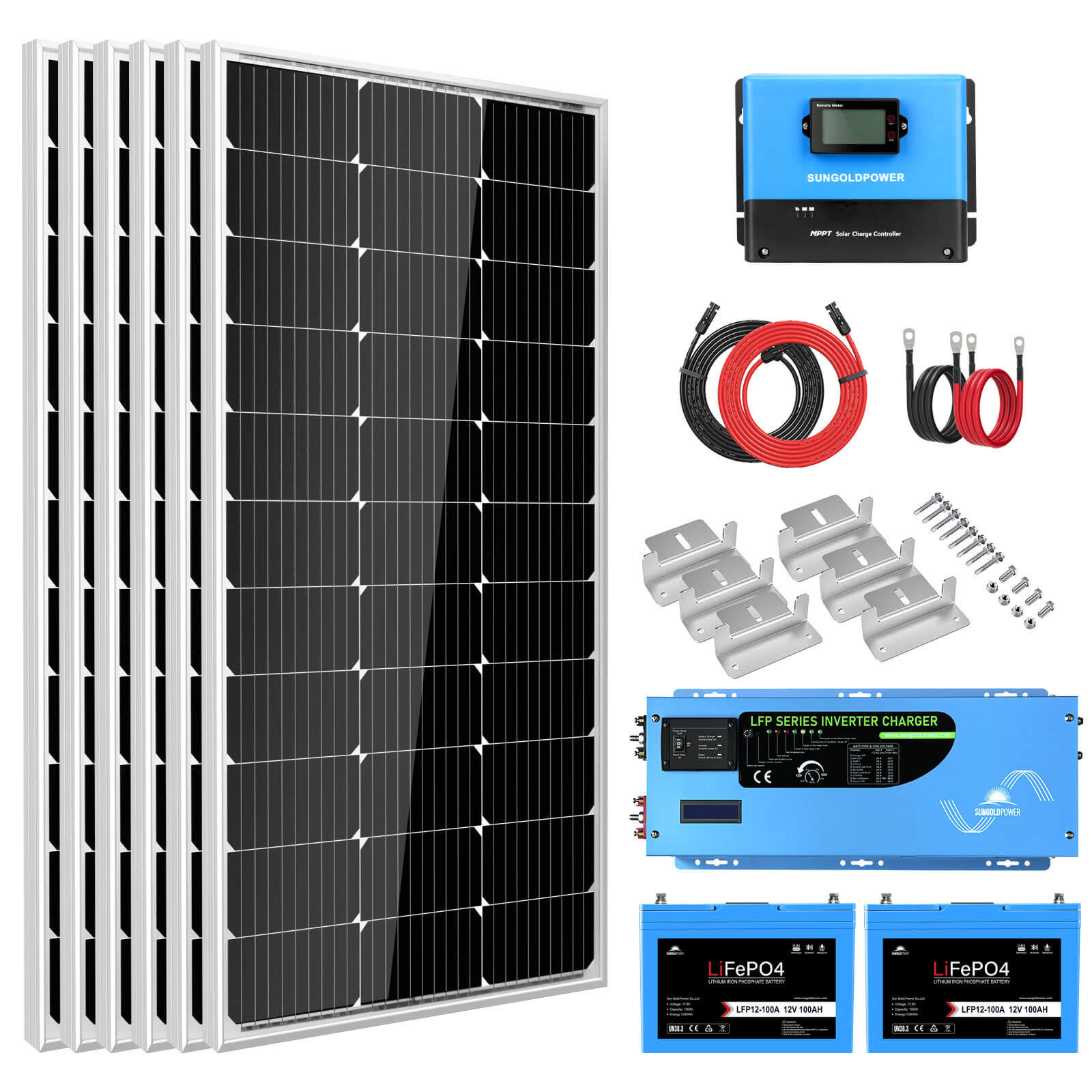Sungold Power Off Grid Solar Kit 3000W Inverter 12VDC 120V Output LiFePO4 Battery 600 Watt Solar Back Up 200Ah