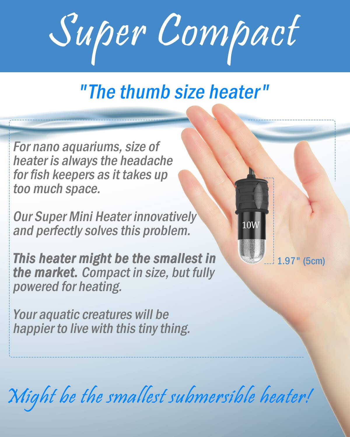 AquaMiracle Adjustable 10W Betta Heater Small Aquarium Heater Submersible Fish Tank Heater 5V/2A USB Powered Super Mini Aquarium Heater with Digital