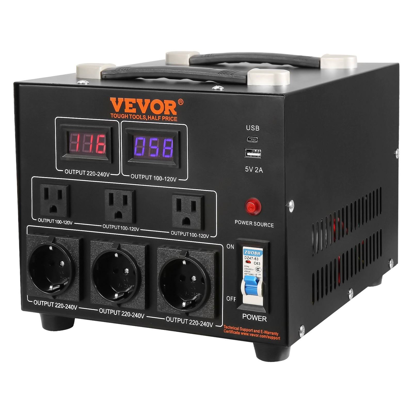 VEVOR Voltage Converter Transformer 5000-Watt Up/Down Transformer 110V/220-Volt with US/EU Outlet 5-Volt USB Port CE Certified