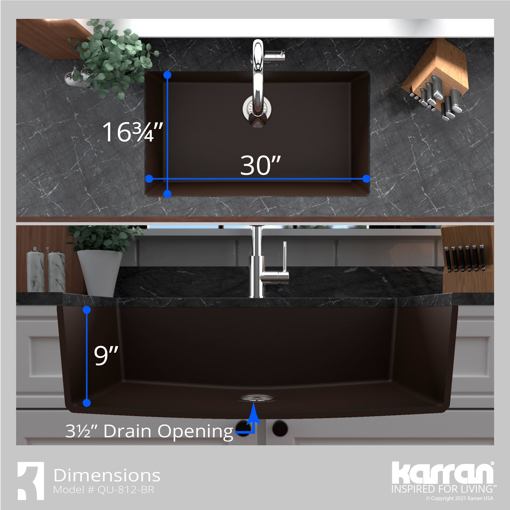 Karran QU-812 PK1 Undermount 32.5 in. Large Single Bowl Quartz Kitchen Sink Kit in Brown
