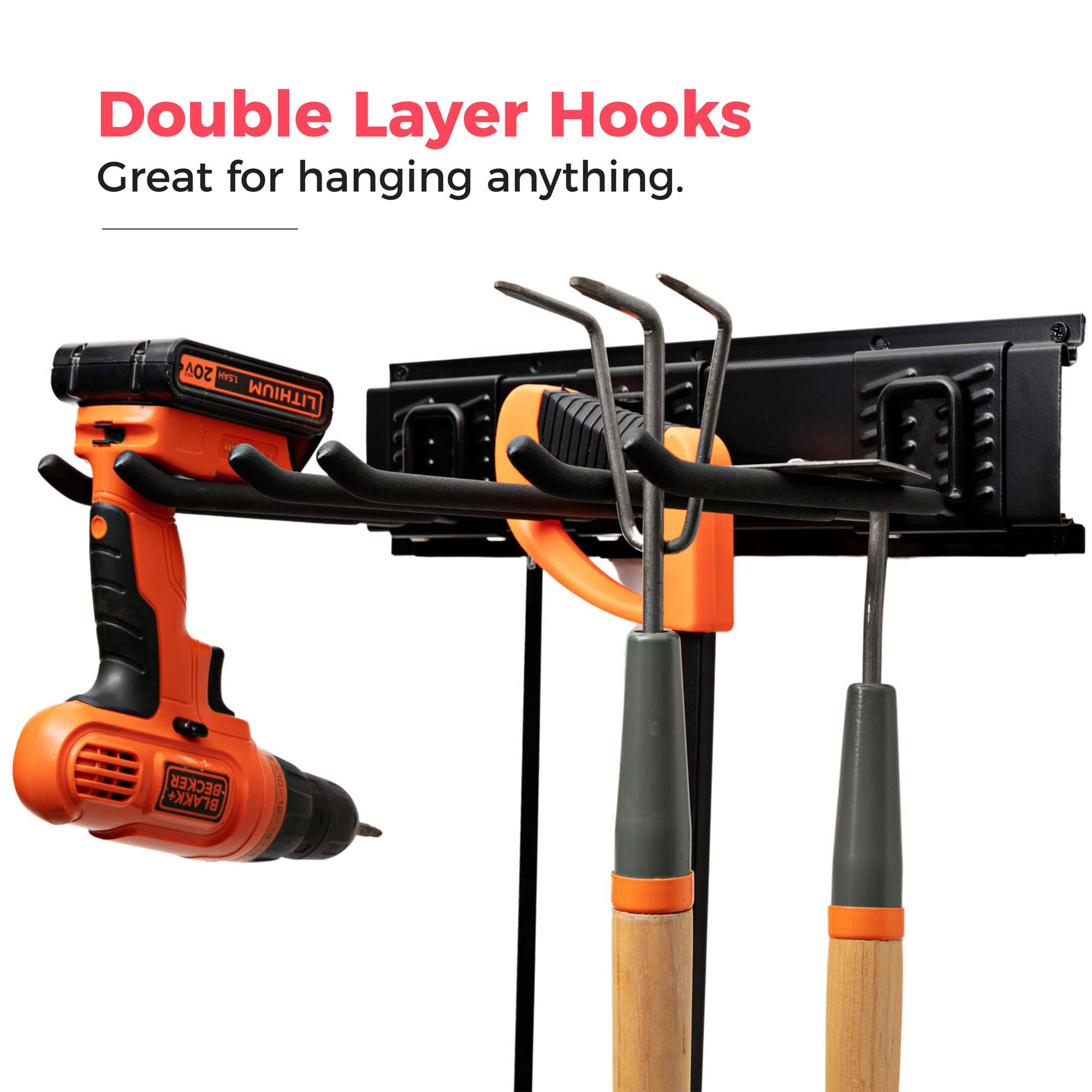 TIDYME Garage Tool Organizer Wall Mount- Sturdy Storage Rack with Adjustable Hooks, Stud Spacing Compliance- 300lbs Capacity- Garden Tool