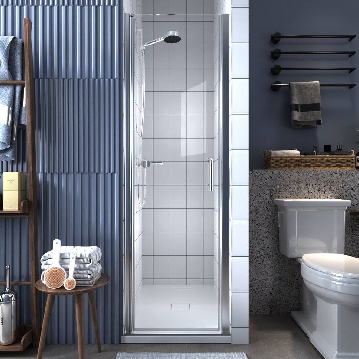 ExBrite 24-25.5 in. W x 72 in. H Small Shower Door Hinged Pivot Chrome Install Clear Glass Shower Door