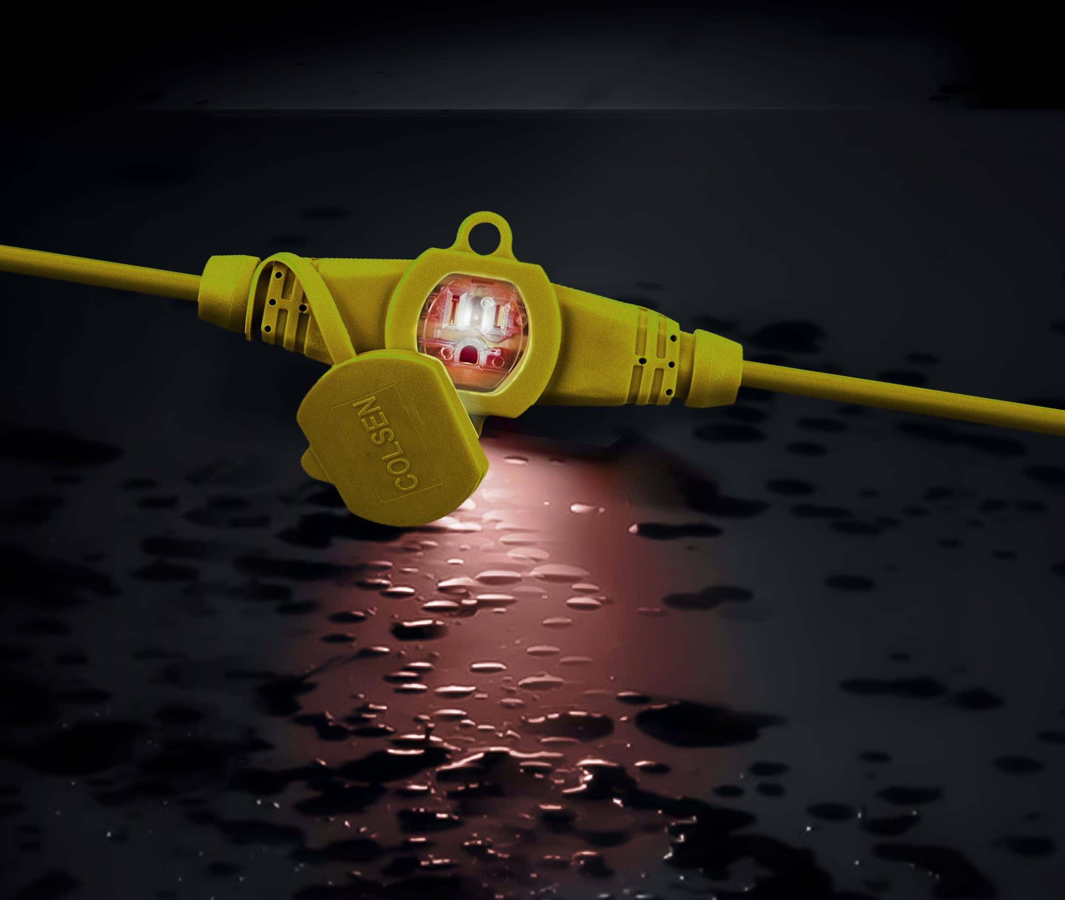 Colsen 50ft Yellow Power Extension Cord 3 Prong 6 NEMA 5-15R Female Socket- Red LED Indicator 14 Gauge SJTW Cable Male to Female Connector Stage