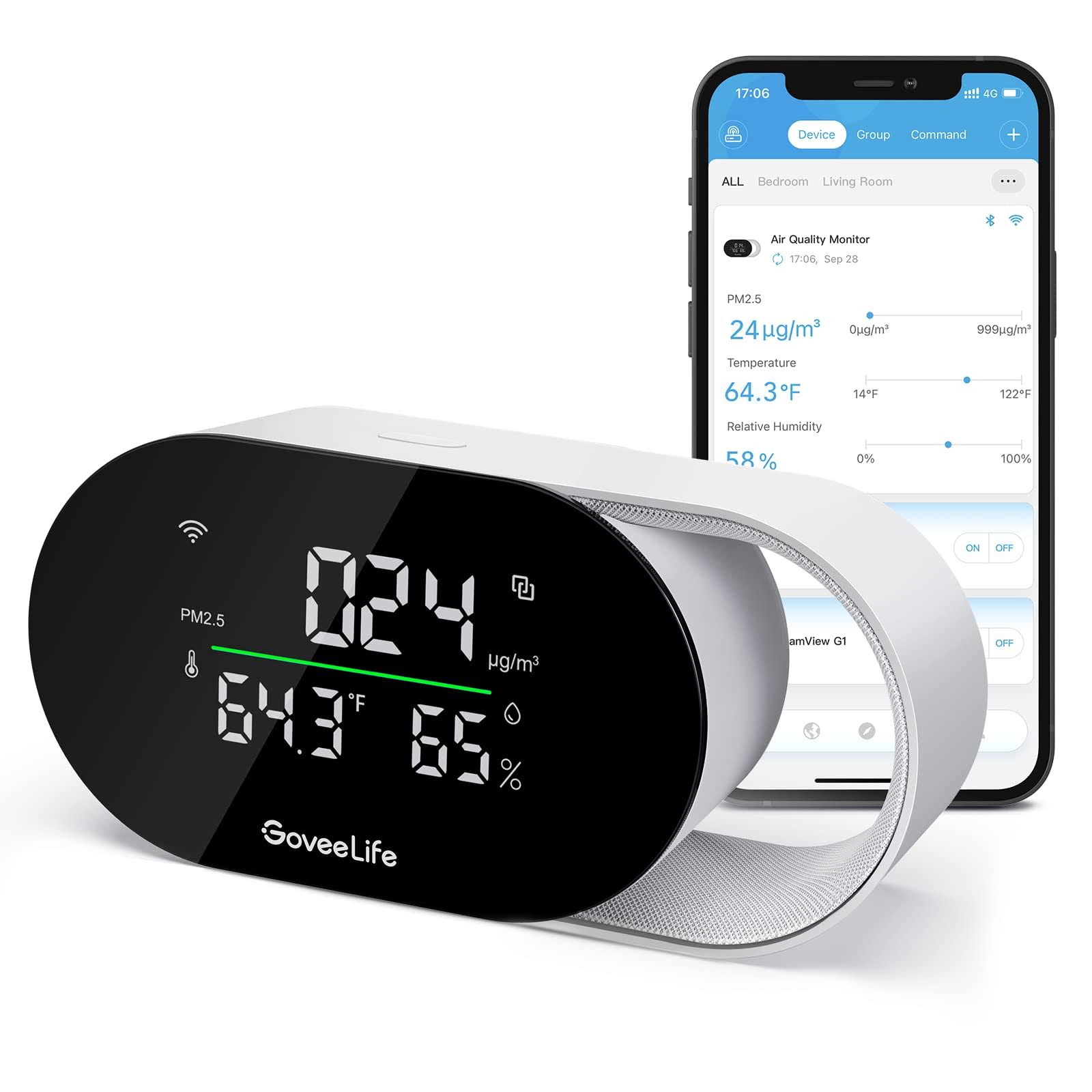 GoveeLife Smart Air Quality Monitor with PM2.5, Wifi, Temperature & Humidity Sensors, LED Display, 2S Refresh, 2-Year Data Storage- for Home &