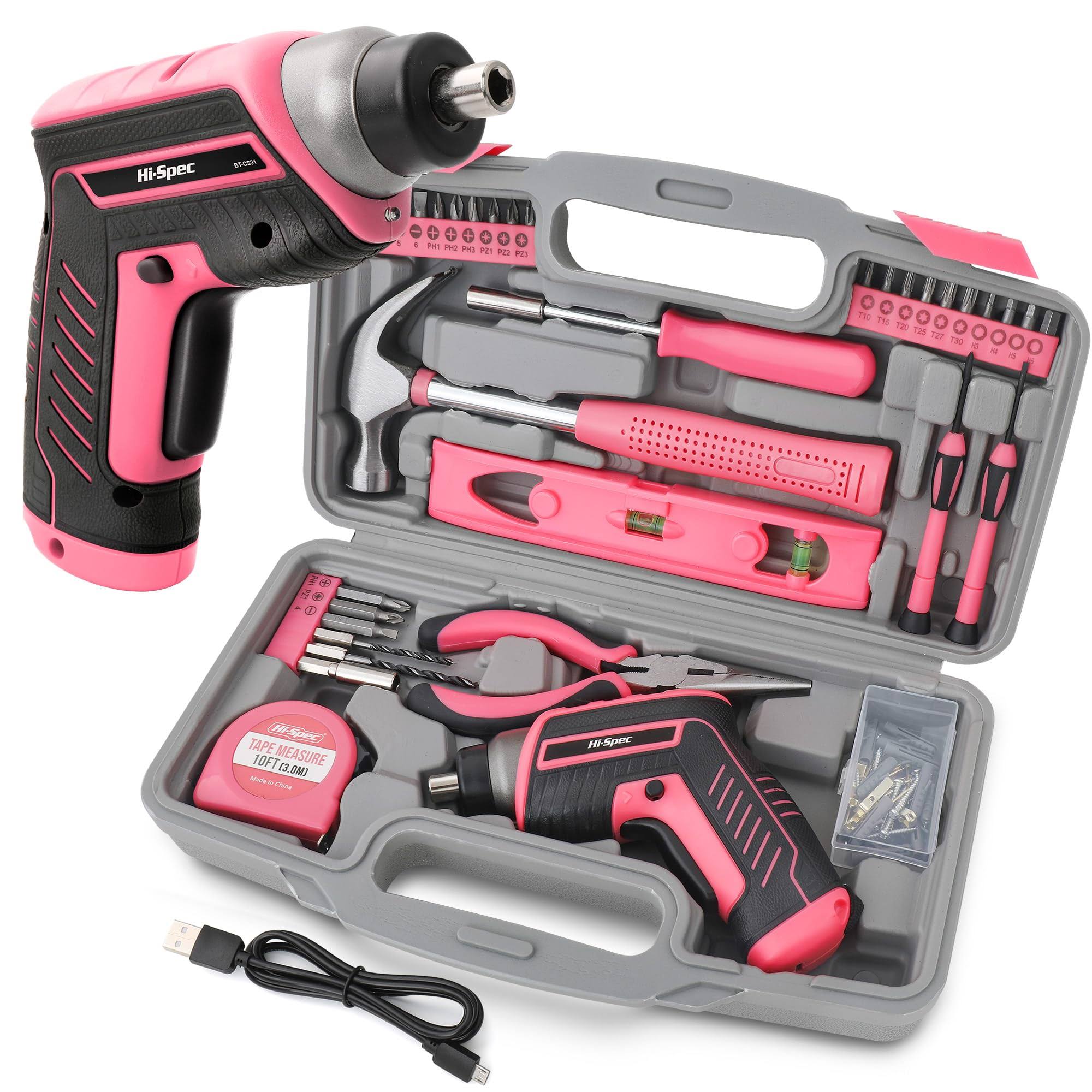 35-Piece Hi-Spec Pink Tool Kit with Drill and 3 Point 6V USB Electric