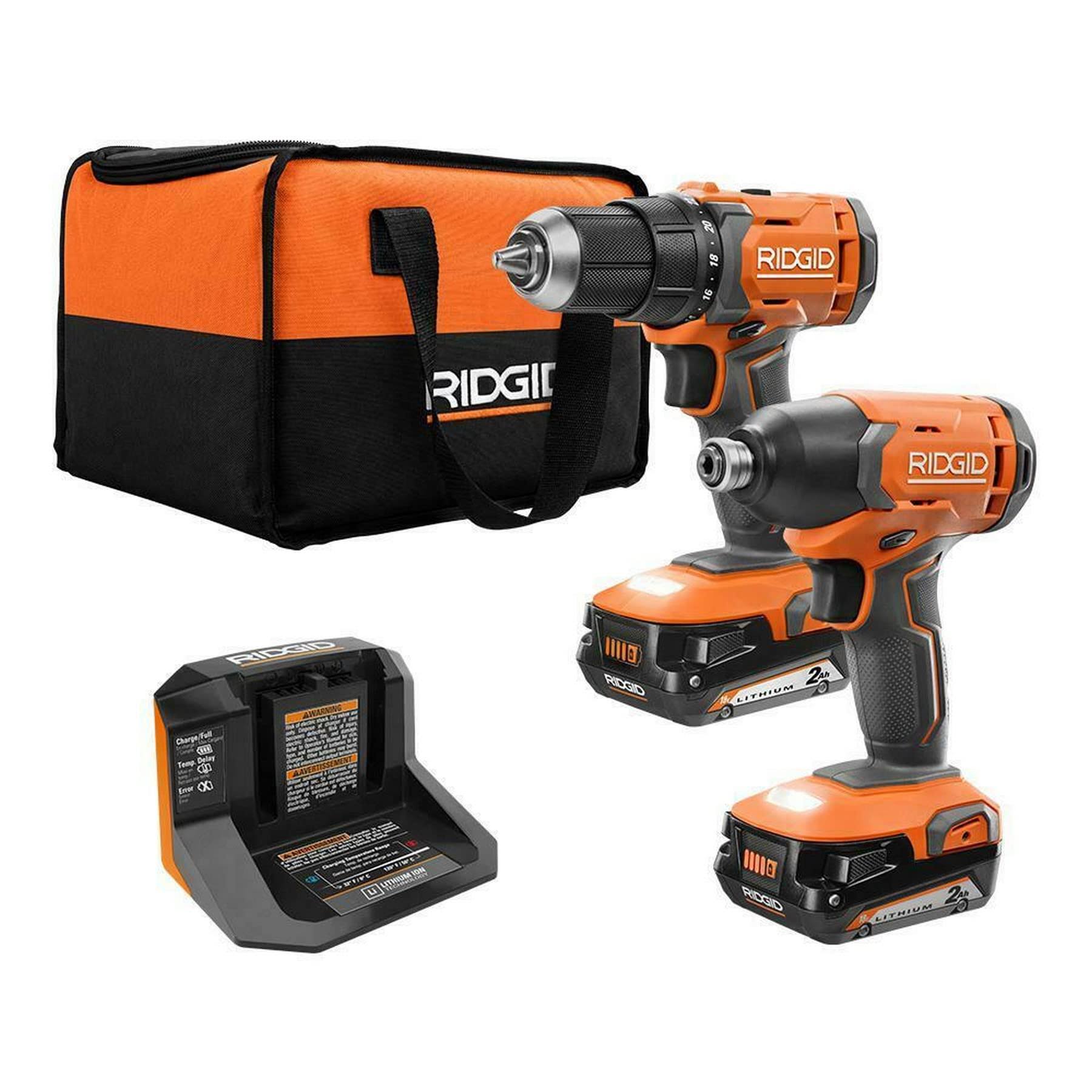 Ridgid 18V Cordless 2-Tool Combo Kit with 1/2 in. Drill/Driver 1/4 in. Impact Driver (2) 2.0 Ah Batteries Charger and Bag R9272