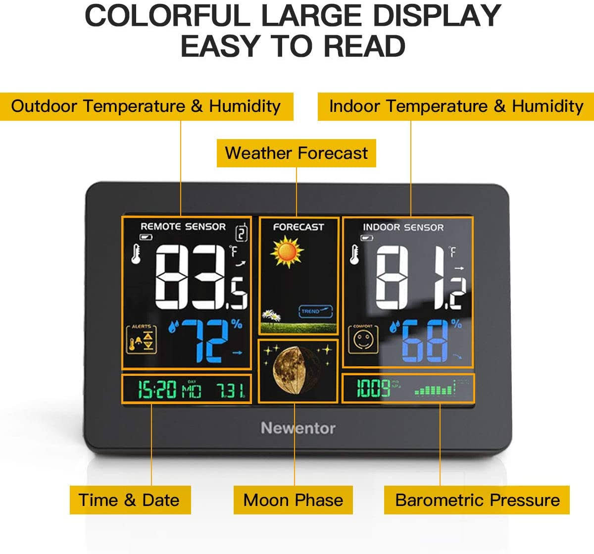 Newentor Weather Station Wireless Indoor Outdoor Thermometer , Color Display Digital Weather Thermometer with Atomic Clock