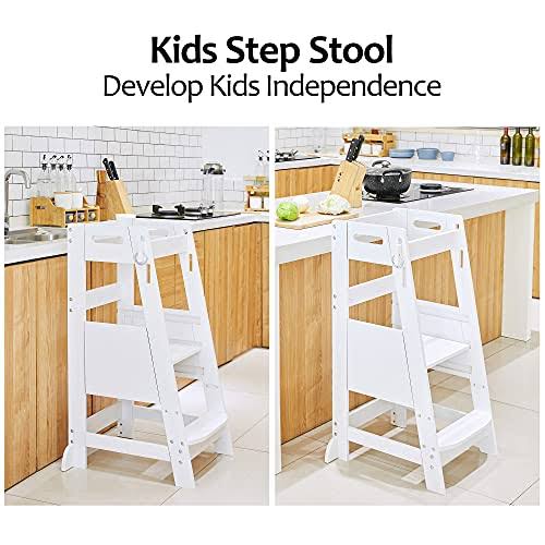 TOETOL Bamboo Toddler Kitchen Step Stool White Helper Standing Tower Height Adju