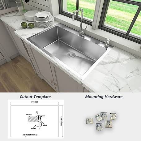 Sinber 33 in. Drop-In Single Bowl 18-Gauge 304 Stainless Steel Kitchen Sink, Silver HT3322S