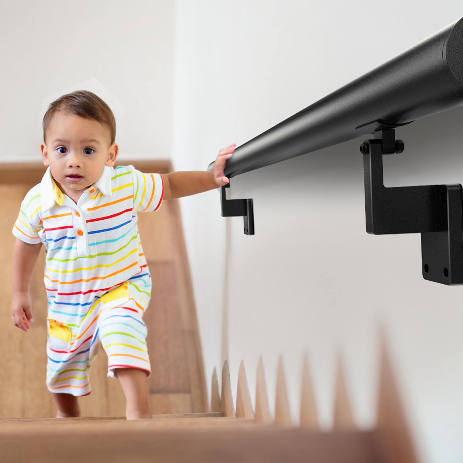 VEVOR Handrail Stair Railing 7 in. H x 48 in. W Wall Mount Handrails for Outdoor Stairs Black Aluminum Alloy Stair Railing Kit