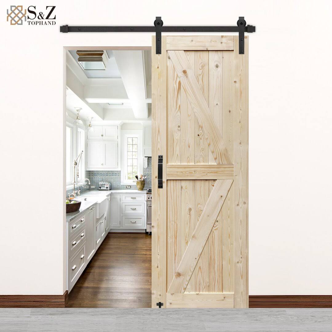 S&Z TOPHAND 48 in. x 80 in. Unfinished British Brace Knotty Barn Door with 8ft Sliding Door Hardware Kit/Solid Wood/Sliding Door/Double Surfaces