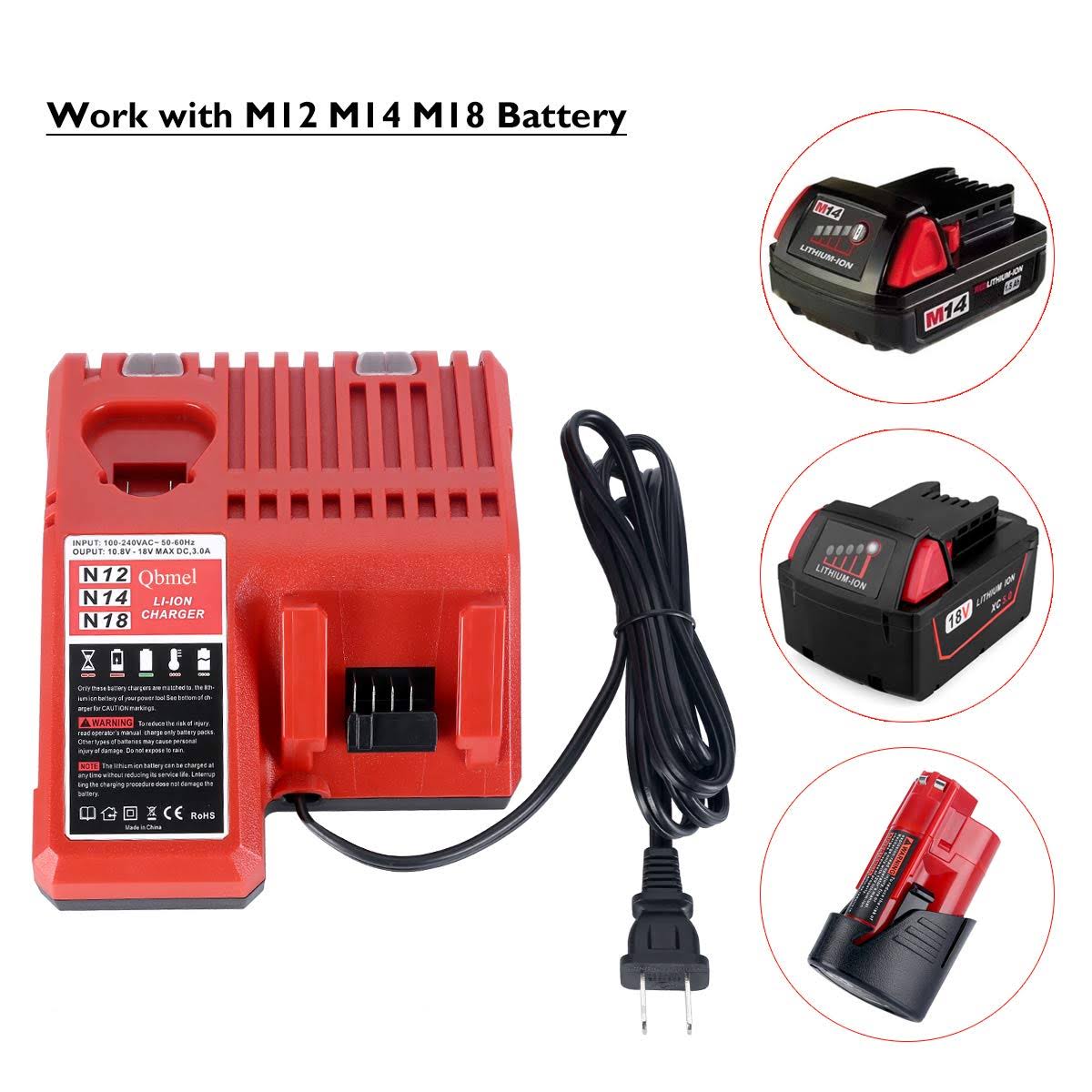 Qbmel M12 & M18 Multi Voltage Lithium Ion Battery Charger for Milwaukee 48-59-1812 18V&12V Fuel Gauge XC Battery