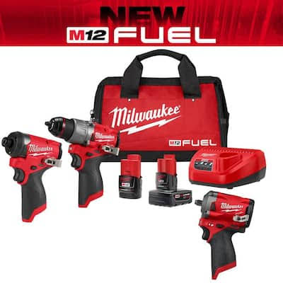 Milwaukee M12 Fuel 12-Volt Lithium-Ion Brushless Cordless Hammer Drill and Impact Driver Combo Kit (2-Tool) with Impact Wrench
