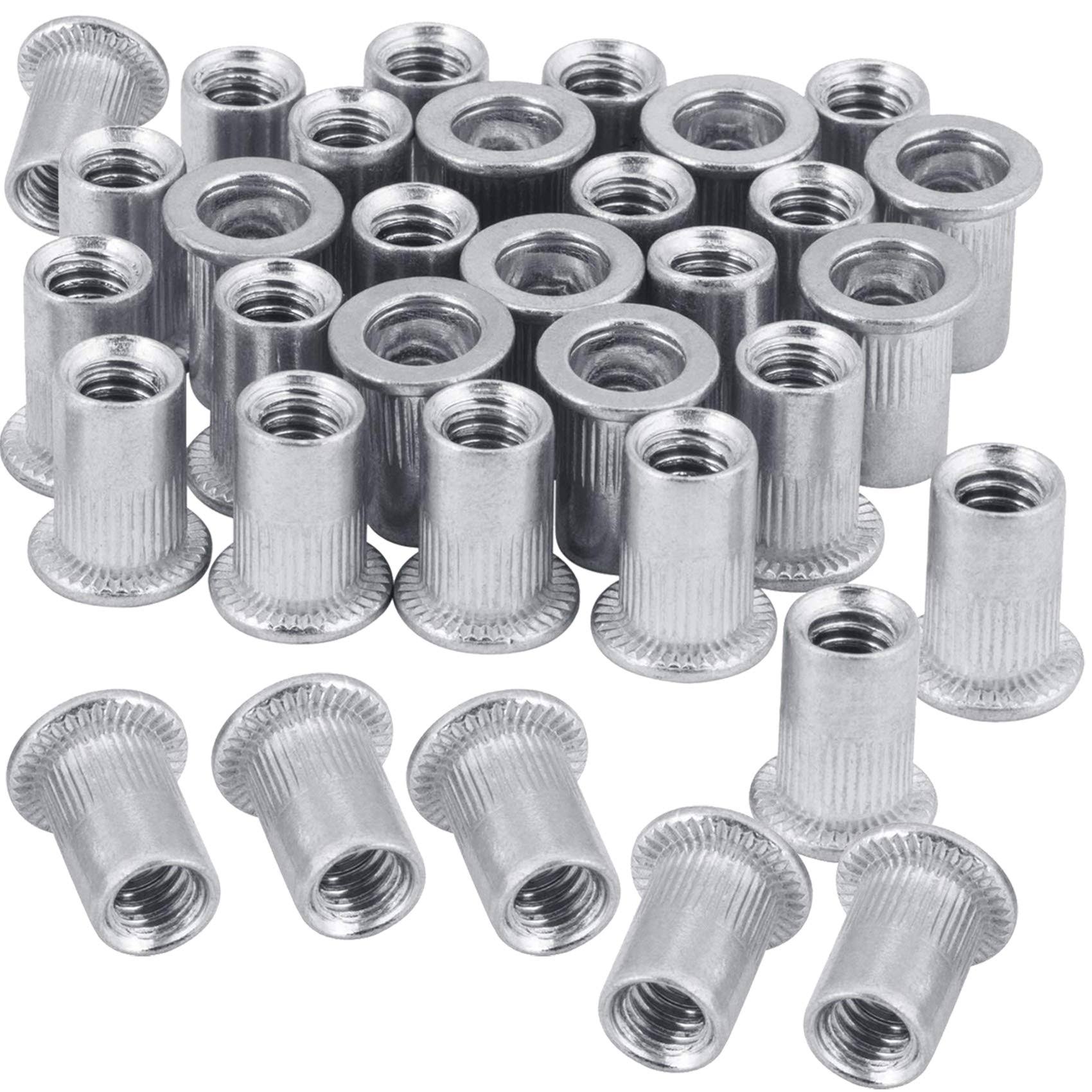 100 Pcs 1/4-20 Aluminum Flange Nutserts Rivet Nut, UNC Flat Head Rivnut Threaded Insert