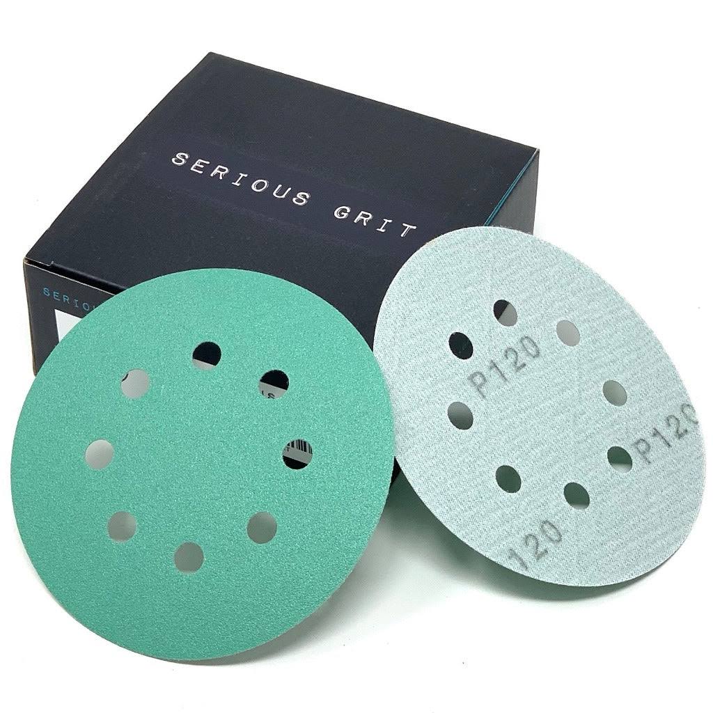 Serious Grit- 5-Inch 8-Hole 120 Grit Sanding Discs- Heavy-Duty Hook & Loop Film Discs- Sandpaper for Random Orbital Sanders- 50 Pack Box