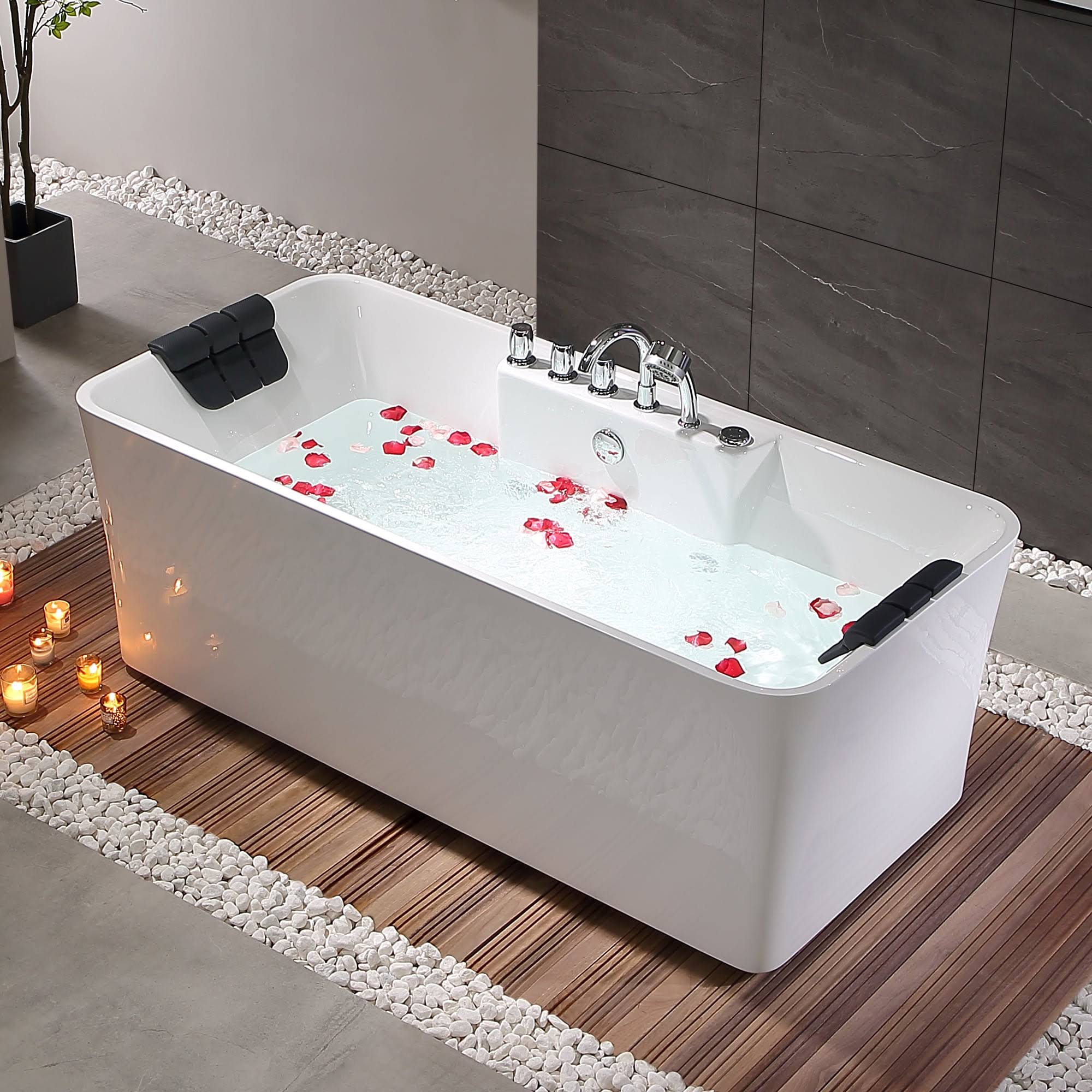 Empava Luxury 67 in. Center Drain Acrylic Freestanding Flatbottom Whirlpool Bathtub in White with Faucet
