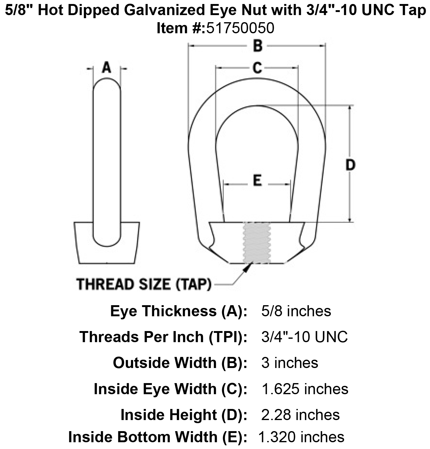 5/8 inch Hot Dipped Galvanized Eye Nut with 3/4 inch-10 UNC Tap, Silver