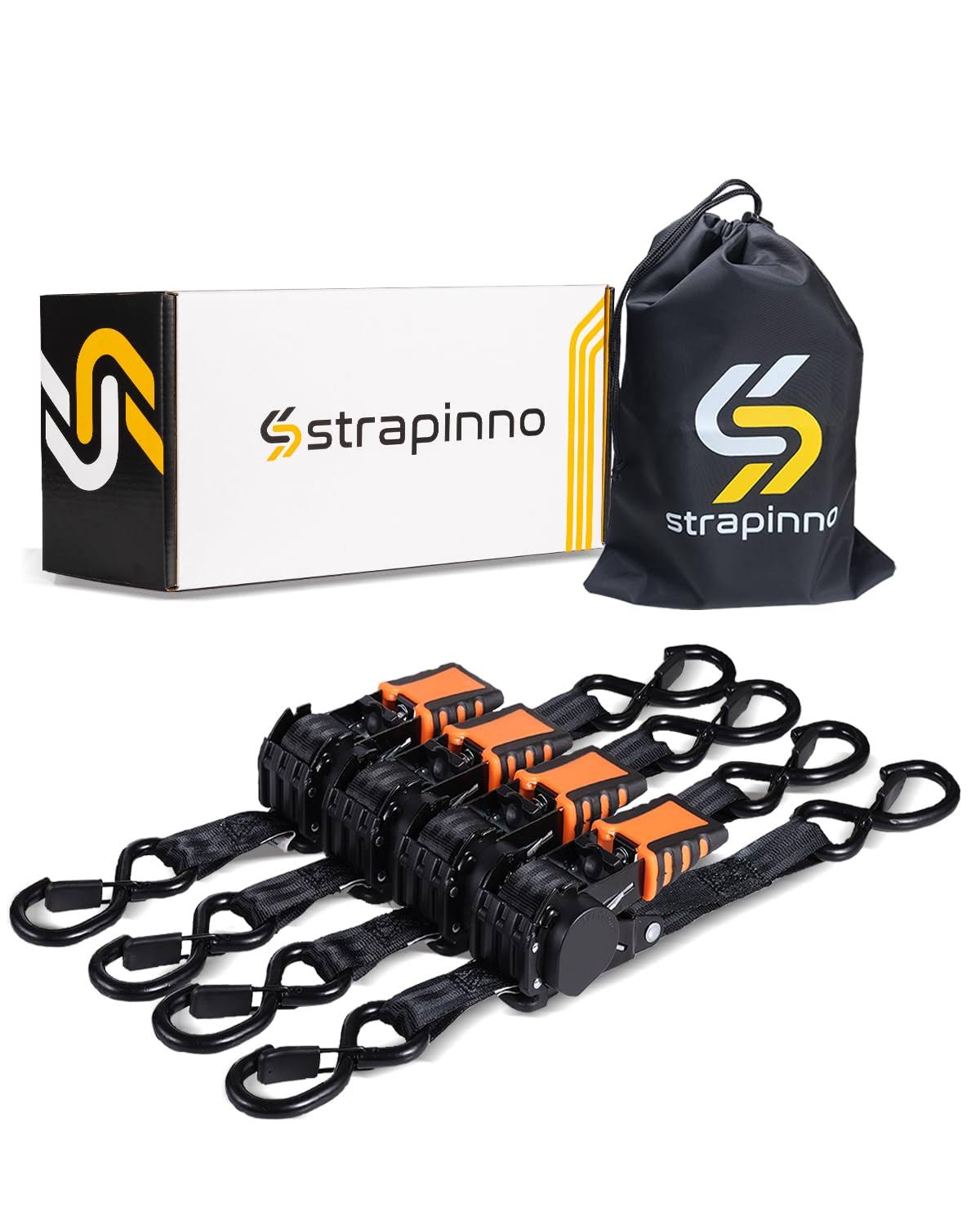 Strapinno 4pcs Retractable Ratchet Straps Bundle 1 in x 6 ft, Secure Tie-Downs with Rubber-Coated Steel Handles, S-Hooks & Durable Hardware for
