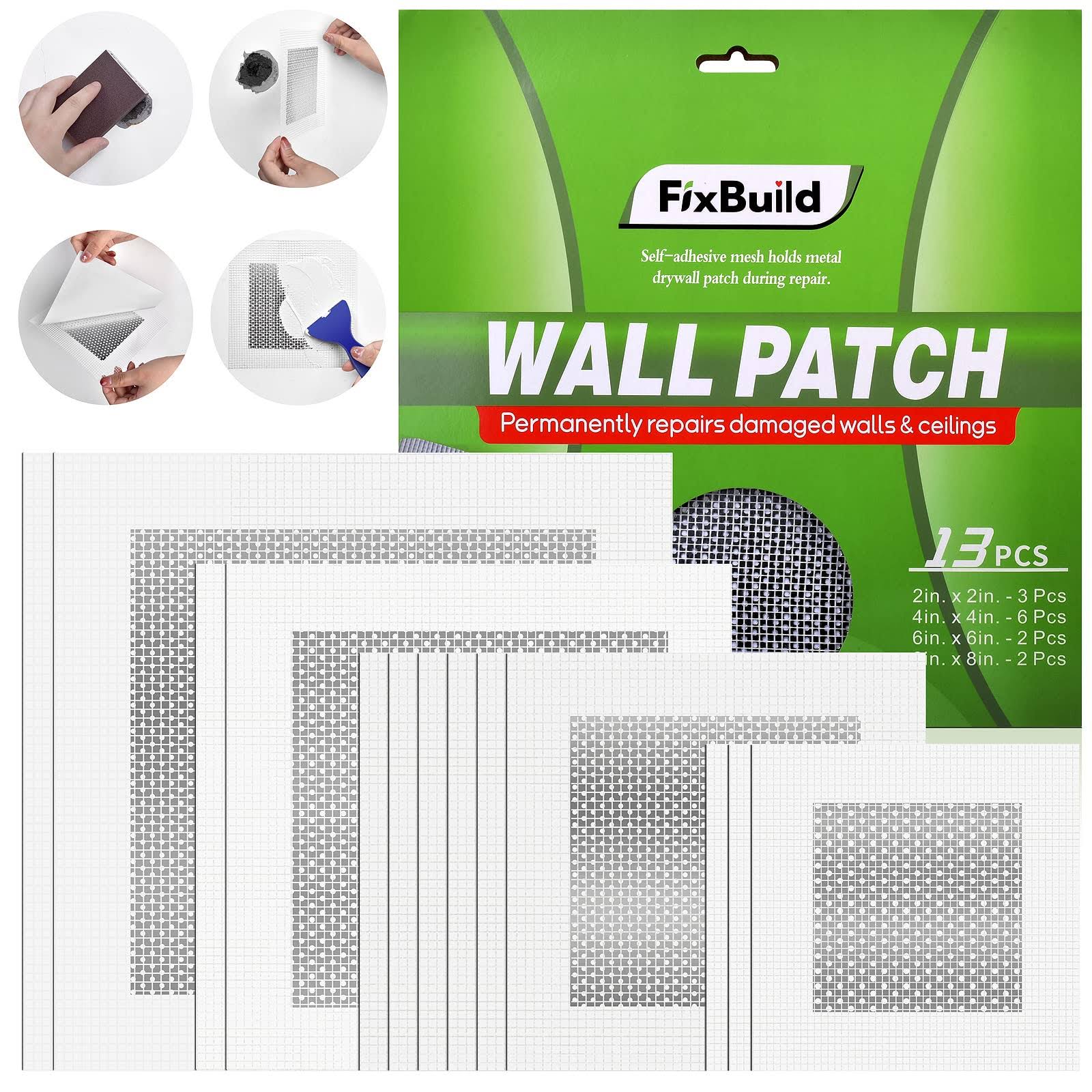 13 Piece Drywall Repair Patch Kit with 2/4/6/8 inch Plaster Wall Patches for Quick Fixes