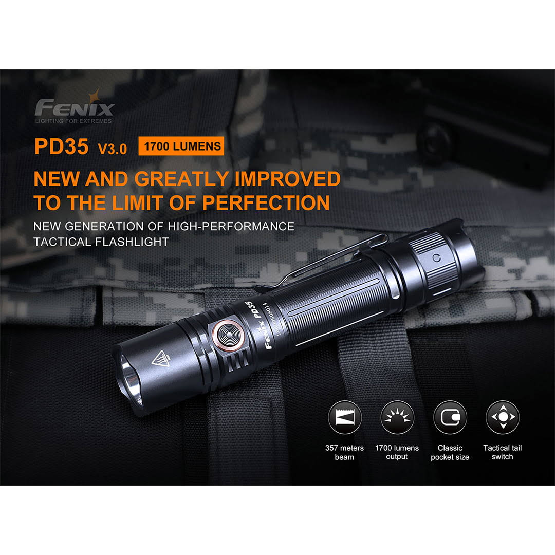 Fenix PD35 V3.0 Rechargeable Tactical Flashlight, 1700 Lumens EDC with Battery and LumenTac Organizer (Black)