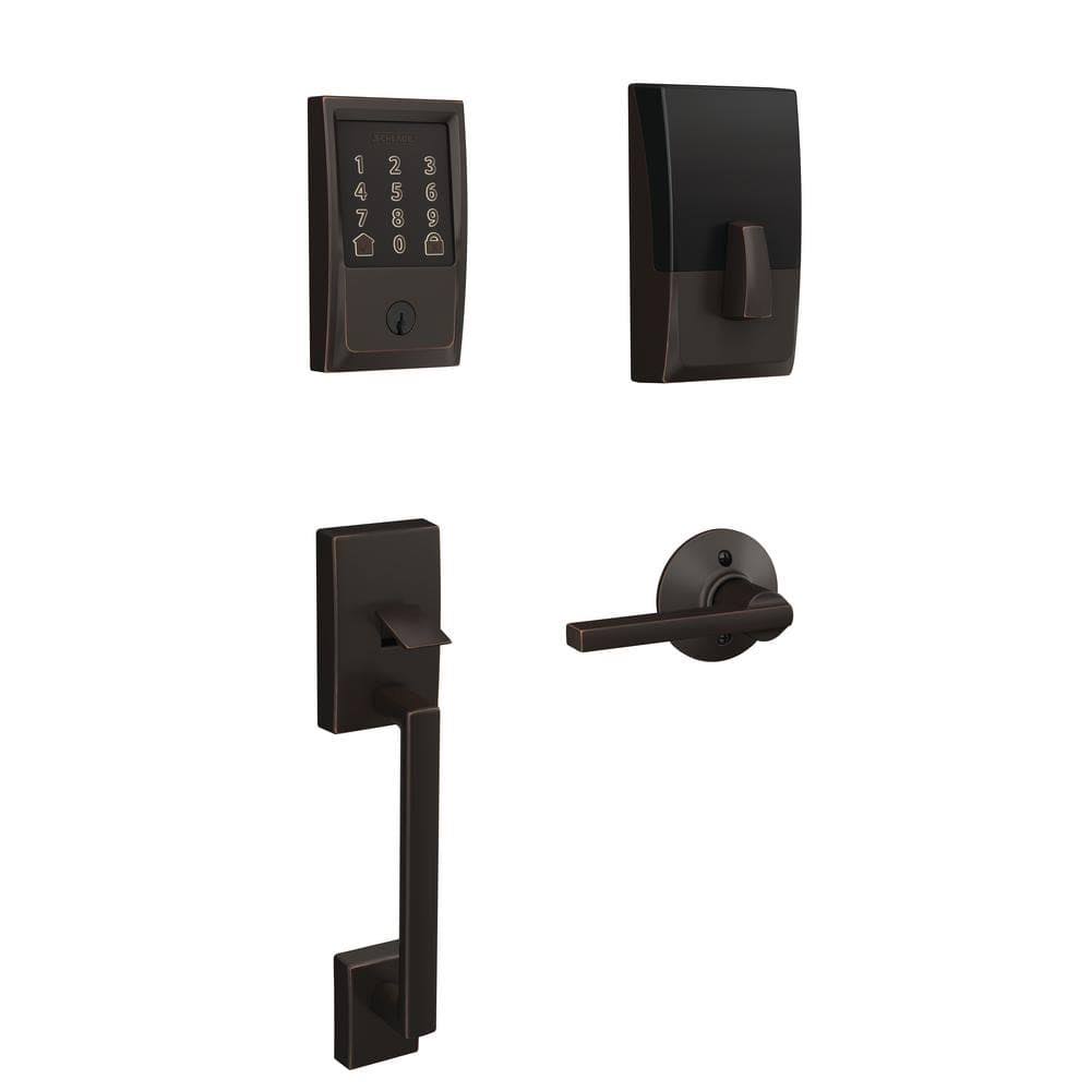 Schlage Century Aged Bronze Encode Smart Wi-Fi Deadbolt with Alarm and Century Handleset and Latitude Lever 063808