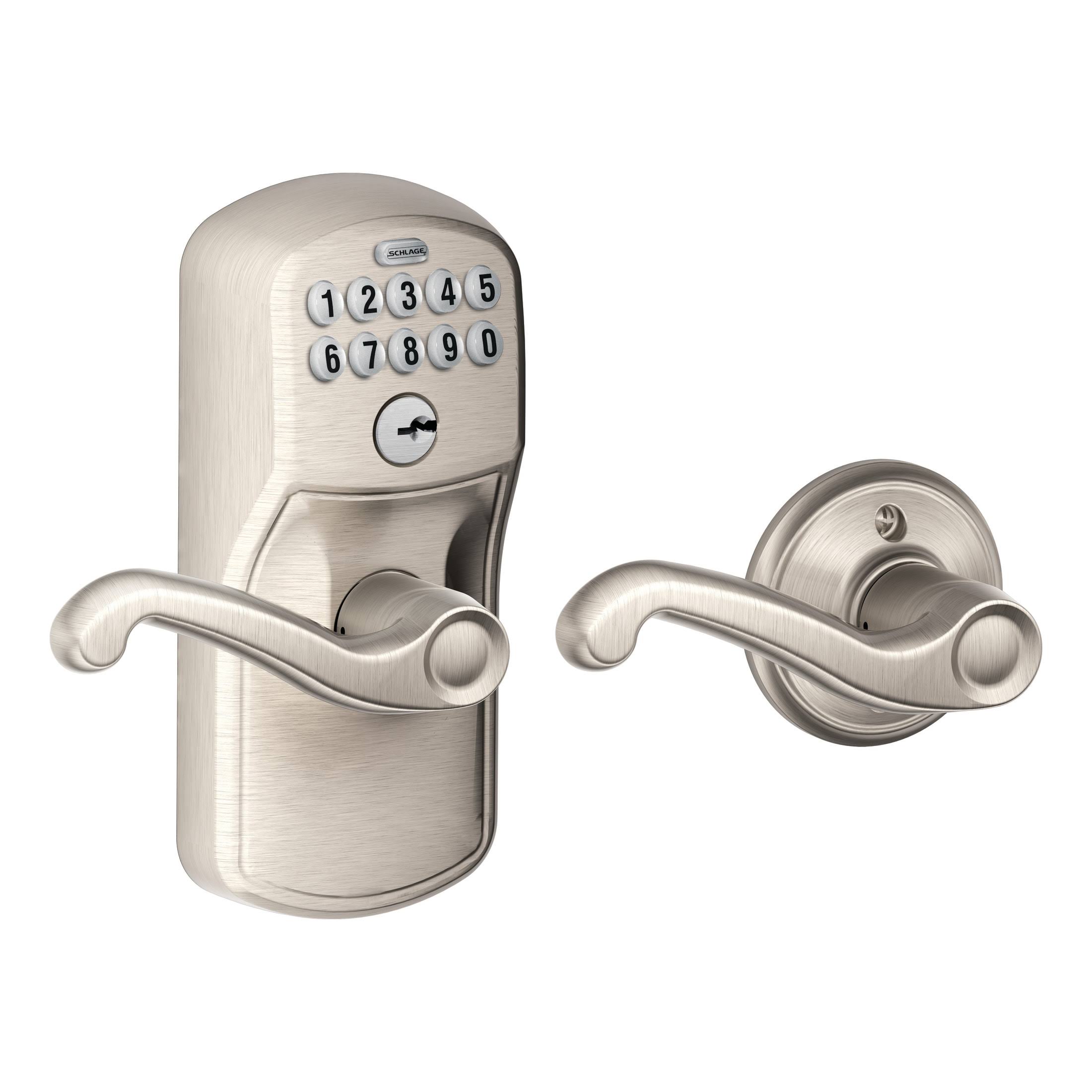 Schlage Plymouth- Keypad Entry with Auto-Lock Door Satin Nickel Flair Lever