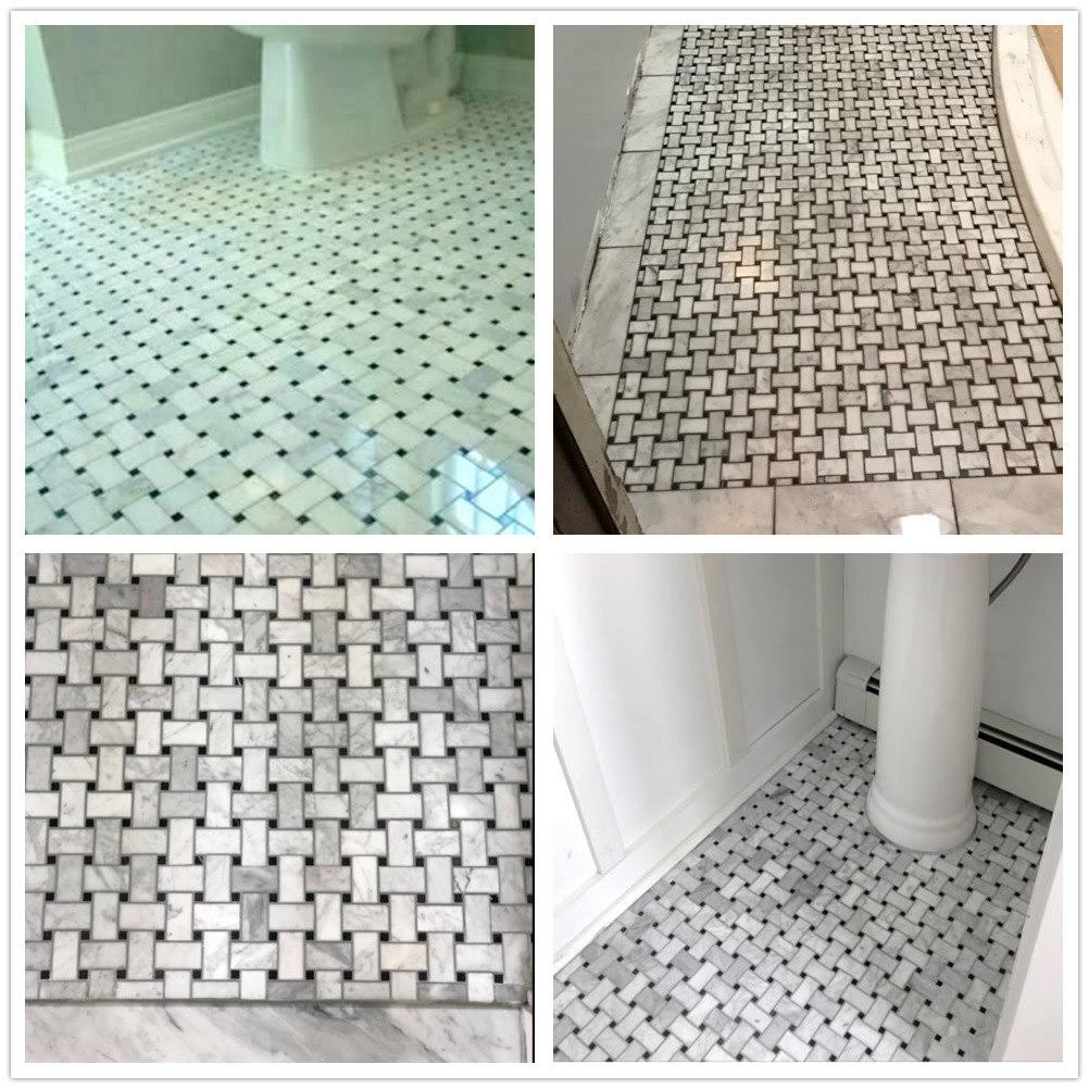 Stone Center Online Carrara White Marble 1x2 Basketweave Mosaic Tile w/Nero Marquina Black Dots Polished Kitchen Bath Wall Floor